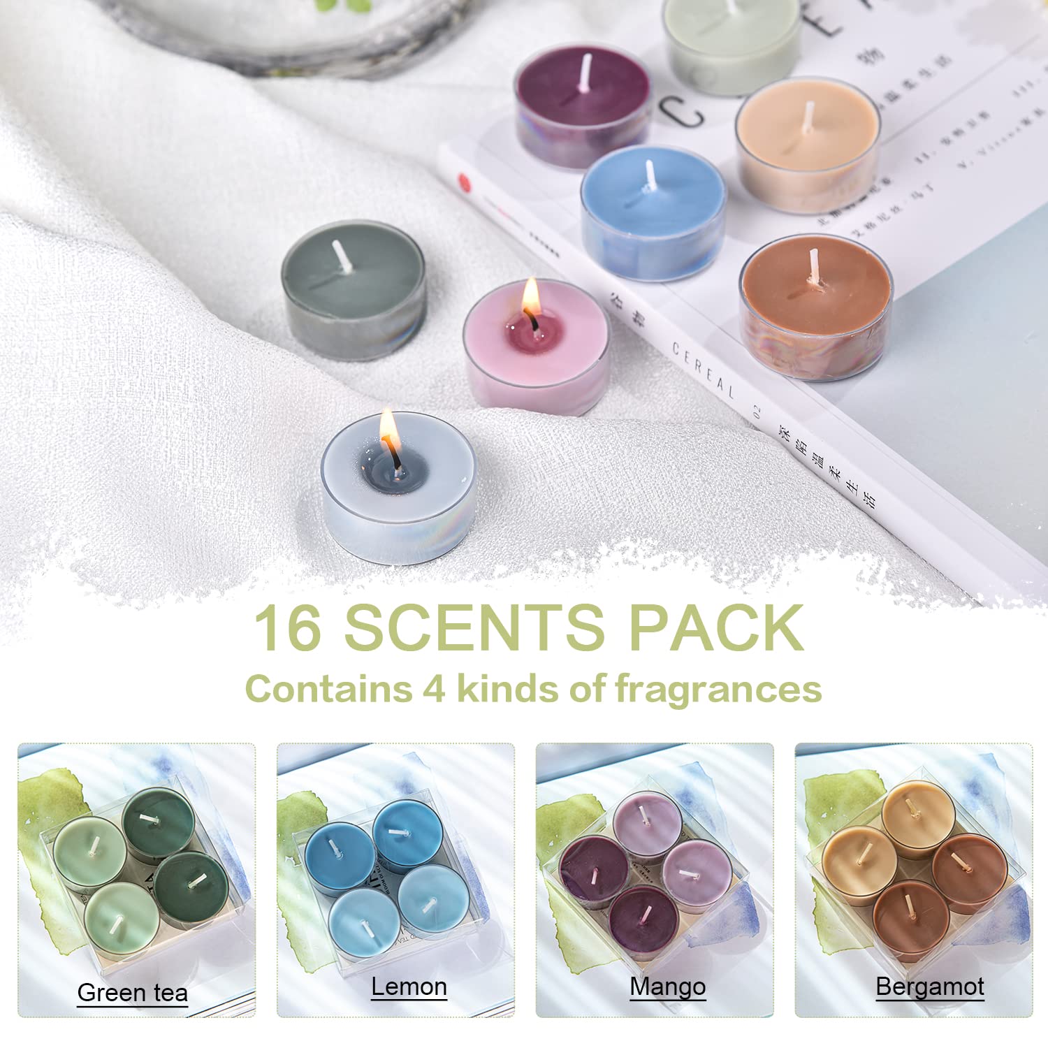 Sungmor 16 Pack Long Burning Scented Tea Light Candles, 100% Natural Soy Wax No Lead Smokeless Tea Warmer Candles Tealight Candl