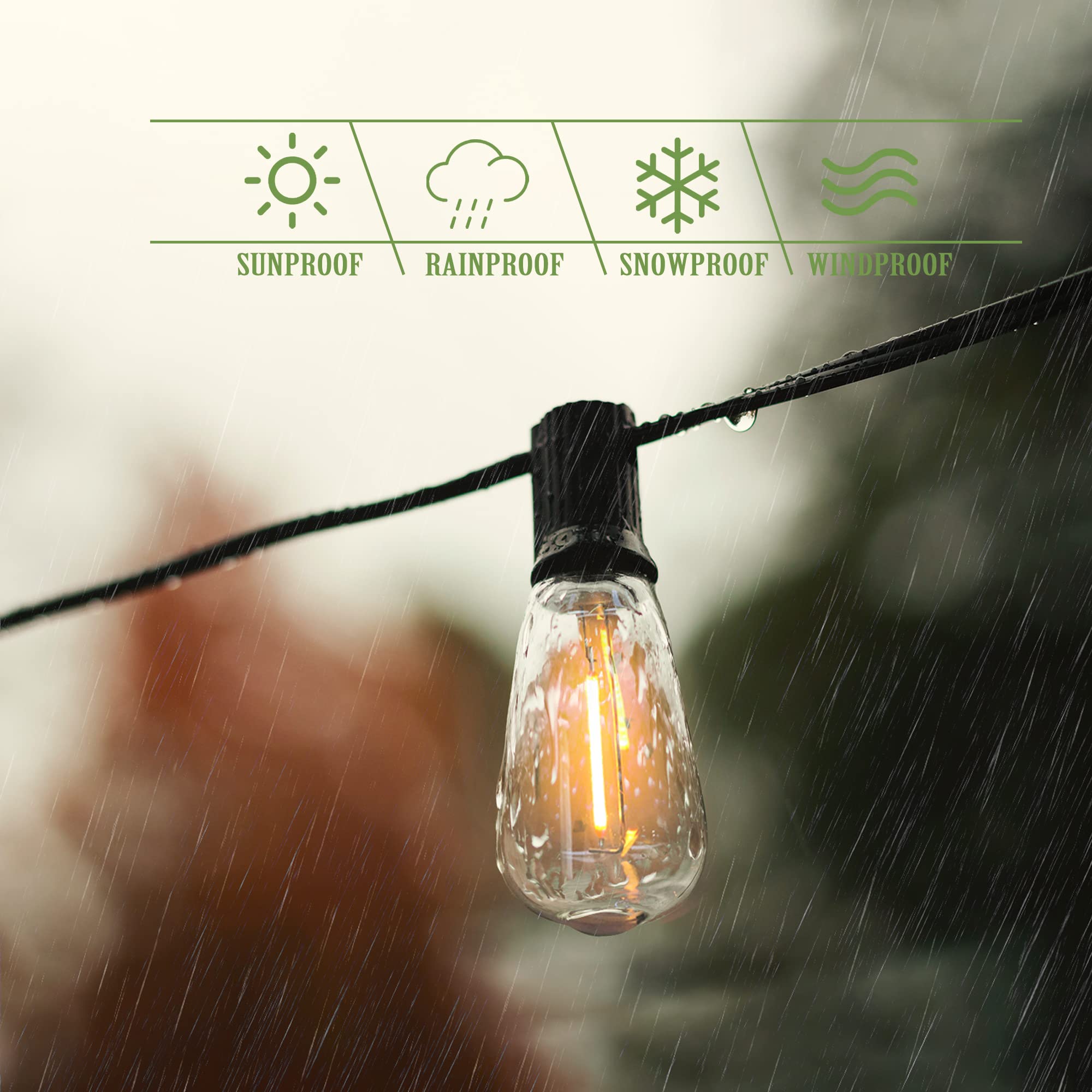 DAMAING Outdoor String Lights 200 FT, Waterproof with 102 LED Bulbs, Dimmable Vintage Edison, Black, Model US200100-Black
