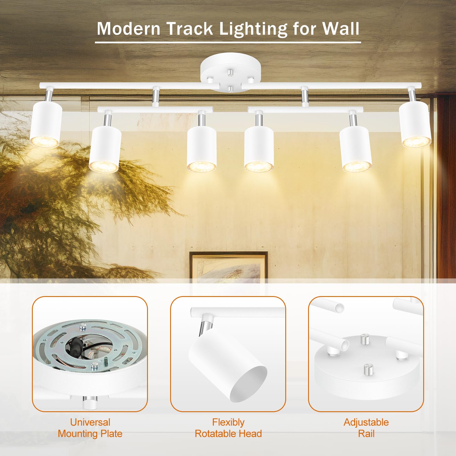 White Track Lighting Kitchen, 6 Light Track Lighting Fixtures Ceiling Kit, 6 Way Modern Flexible Spot Track Lighting, Industrial