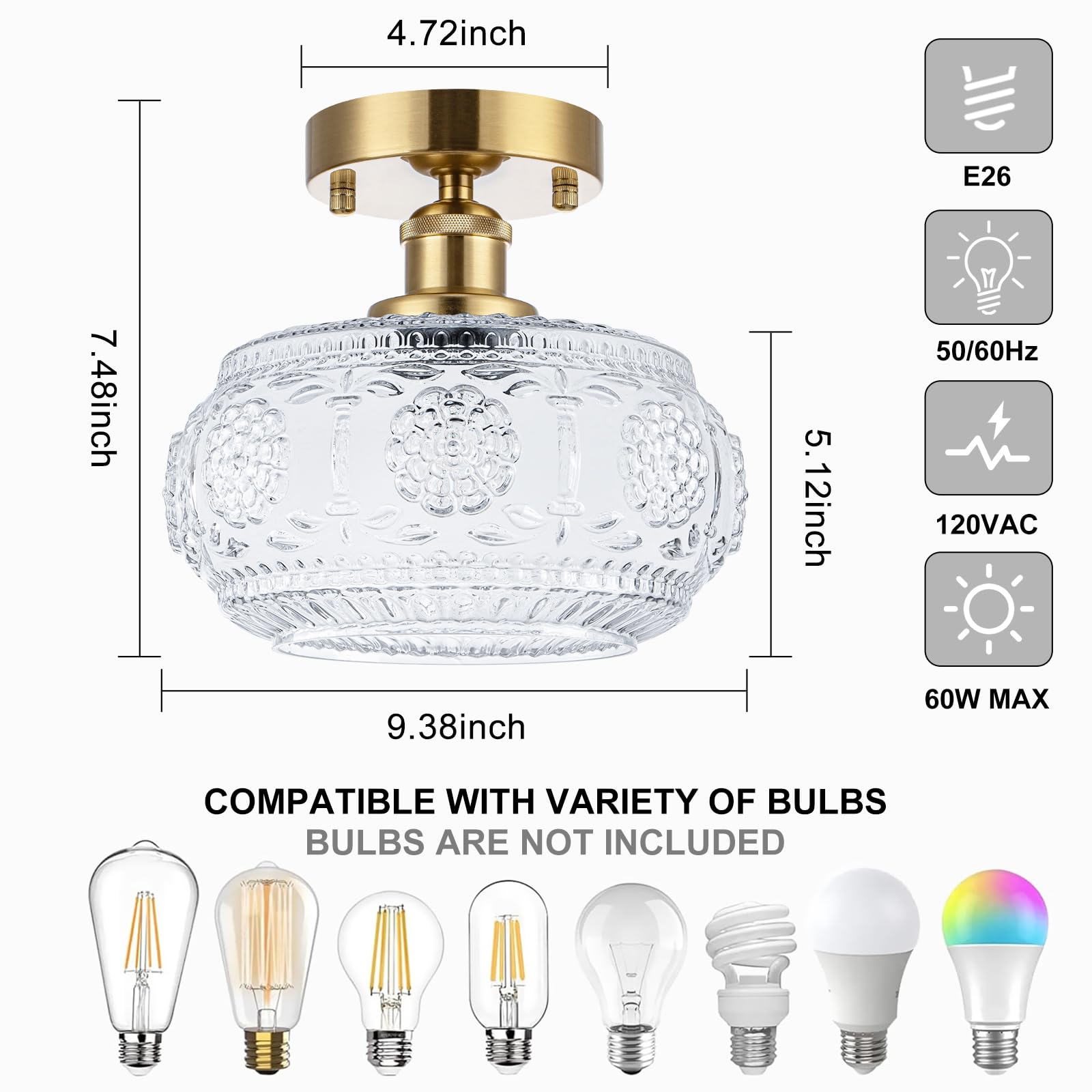 Tbaoinla Semi Flush Mount Ceiling Light Fixture - Brass & Floral Glass Shade  Vintage Modern Lighting For Entryway  Bathroom  Kitchen  Bedroom (Bulb Not Included)