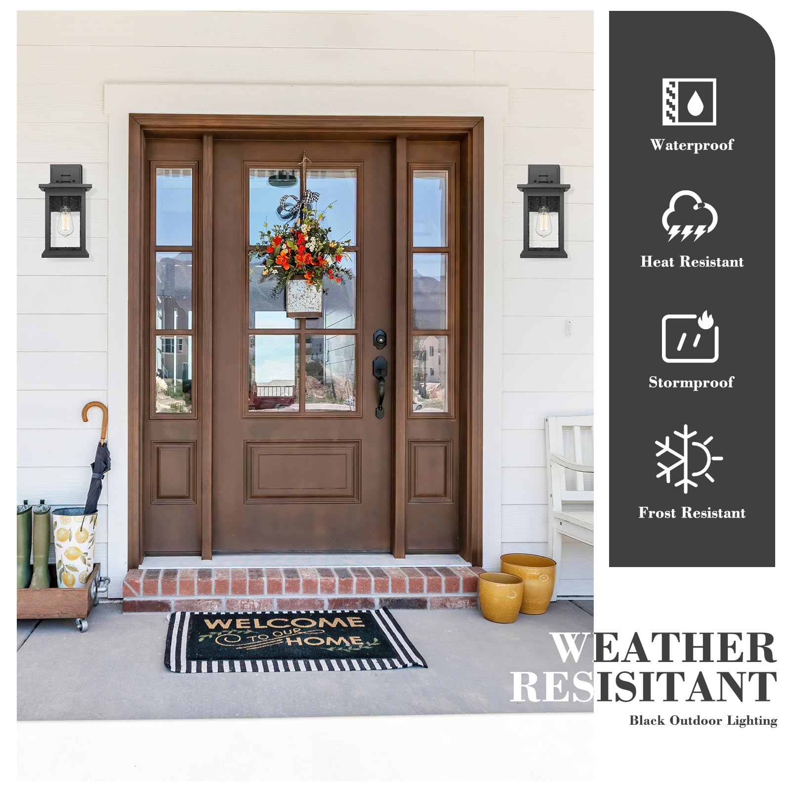 Emliviar 2 Pack Outdoor Wall Mount Lights, Black Lanterns With Clear Seeded Glass