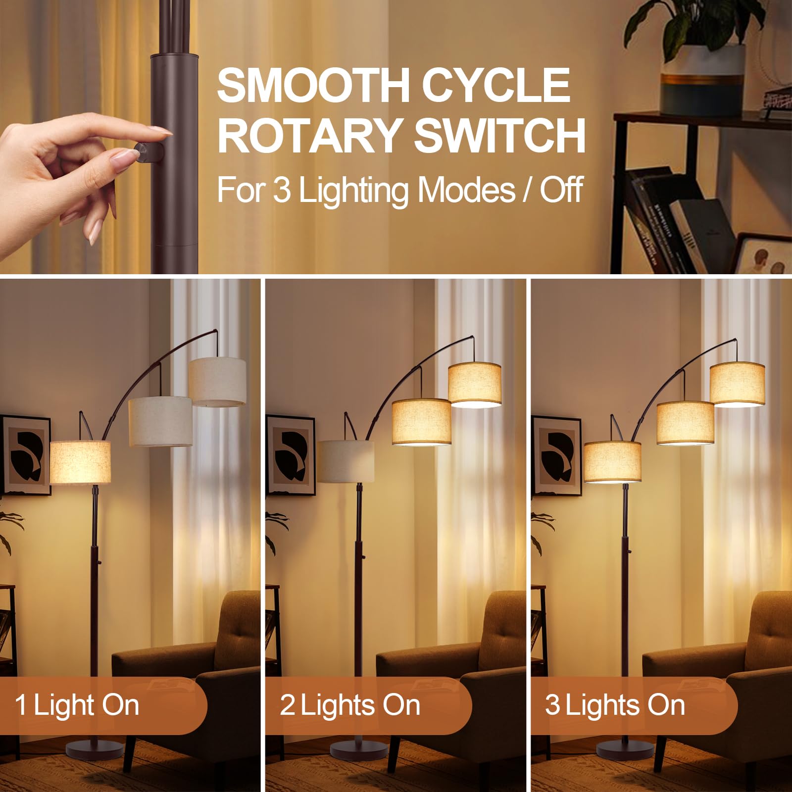 OUTON Tall Arc Floor Lamp, Modern 3-Light Arched Design, Beige Linen Shade, Energy-Efficient LED Bulbs Included, Ideal for Bedroom & Office