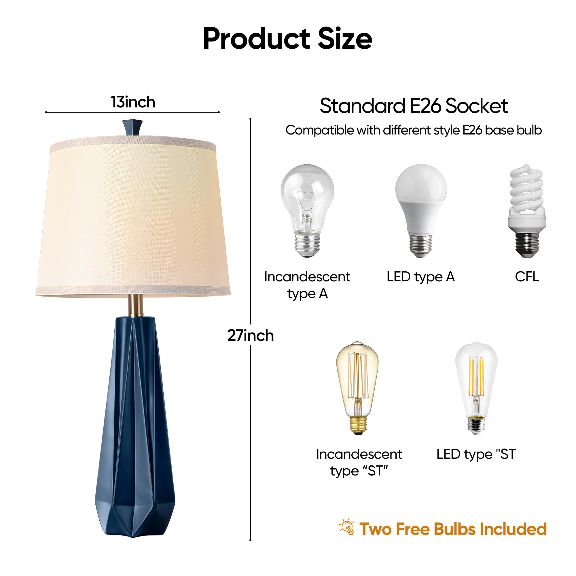 WIHTU 3-Color Temperature Table Lamps Set of 2, 27 Navy Blue Modern Resin Desk Lamps with Linen Shade for Living Room & Bedroom Decor