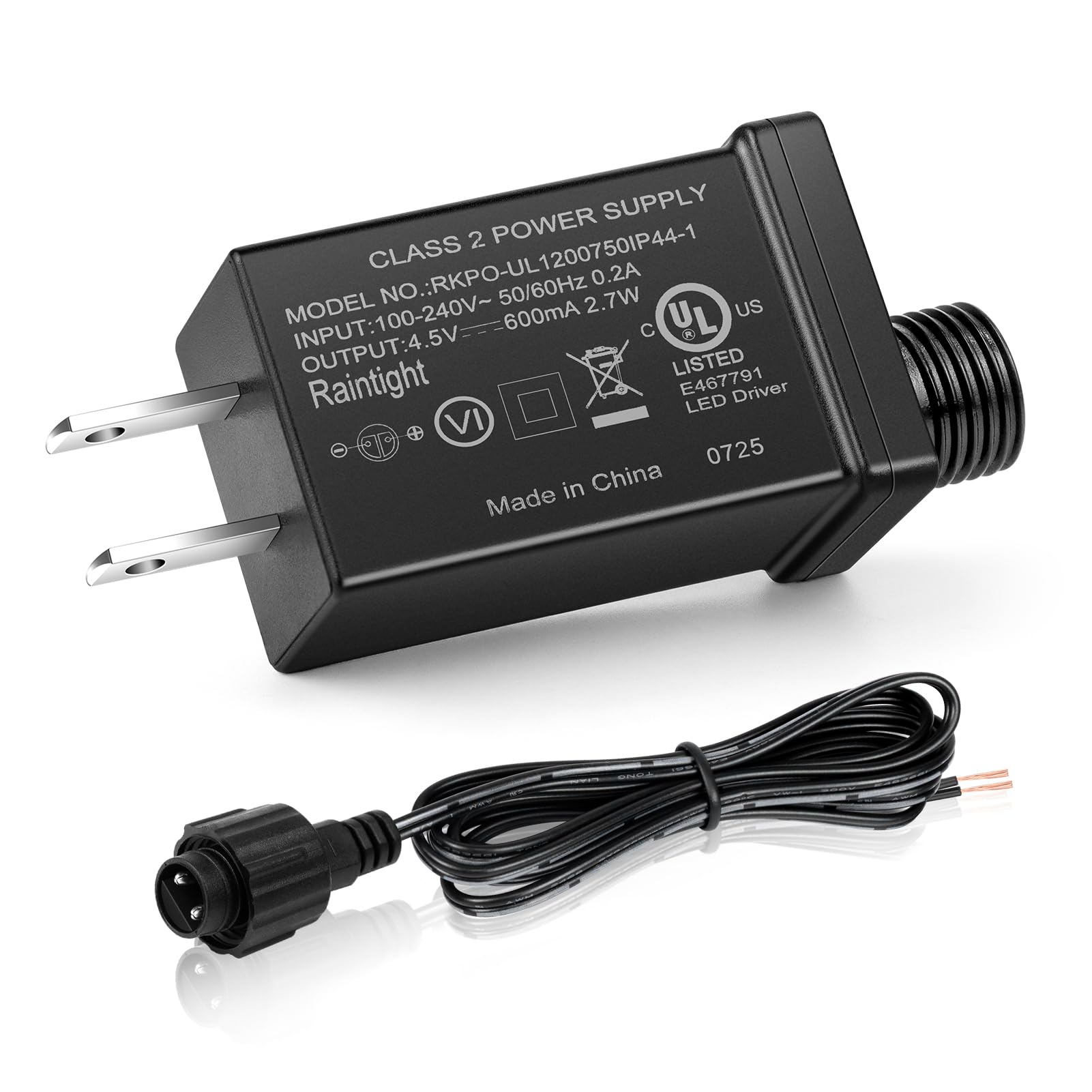 4.5V 0.6A Class 2 Power Supply  Ip44 Waterproof Inflatable Power Supply  Ul Listed Low Voltage Transformer For Christmas Tree  Led Strip Lights  Holiday Decor Etc