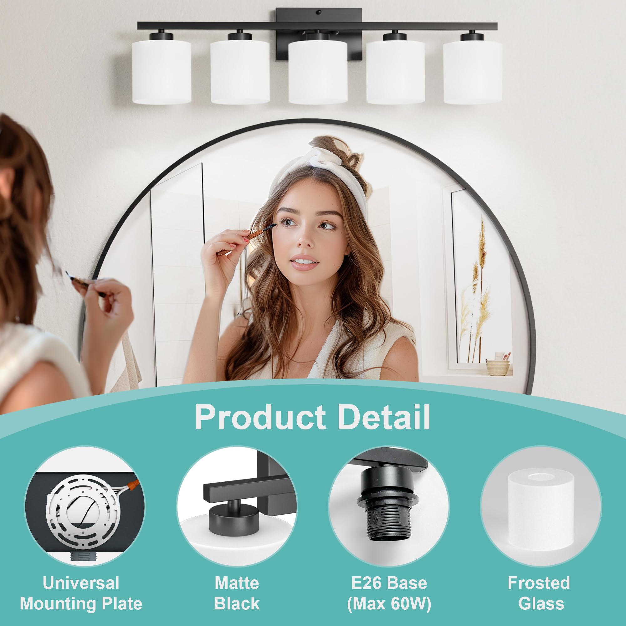Honesorn 5-Light Bathroom Vanity Light Fixtures, Matte Black, Frosted Glass Shades, E26 Base, Modern Design