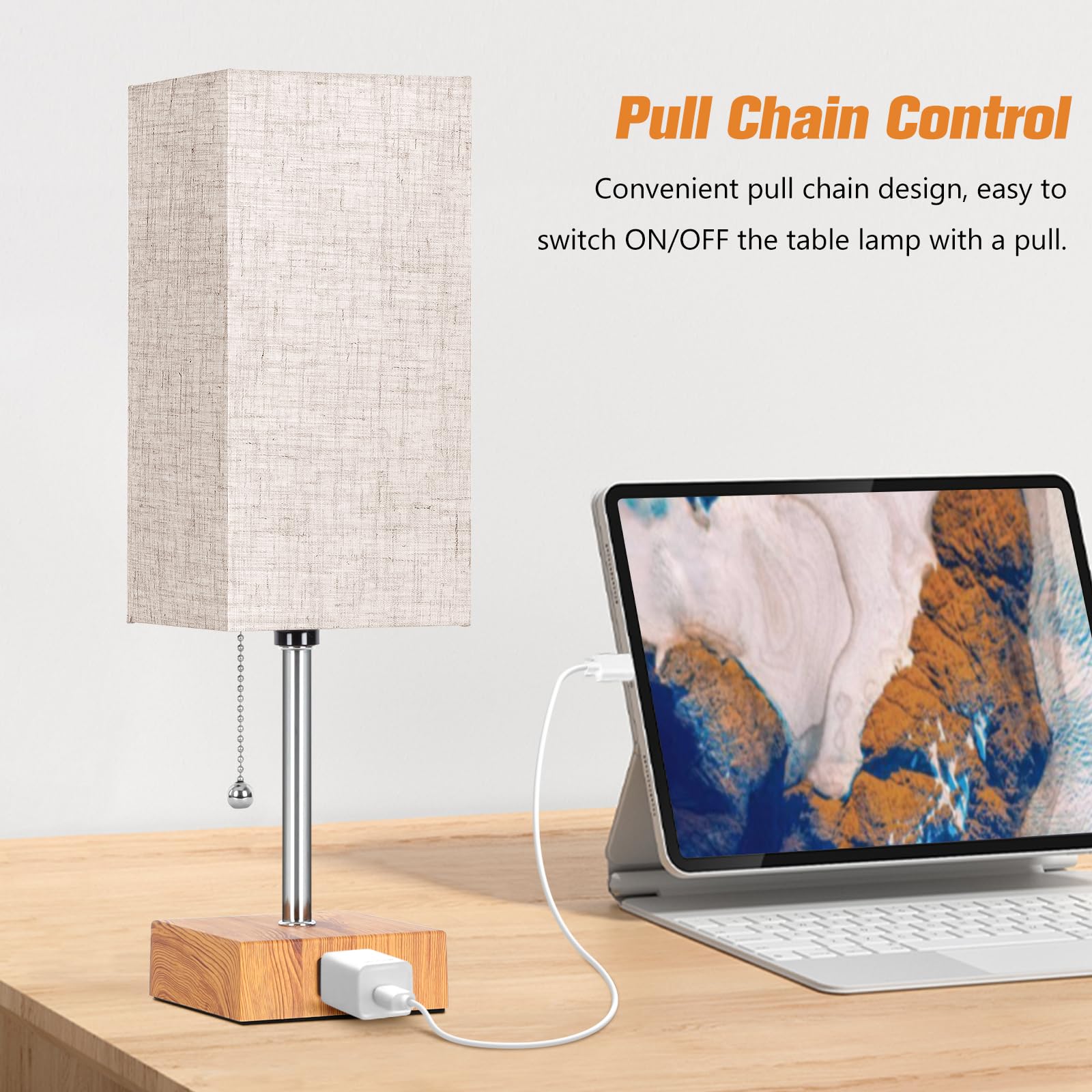 Plmmy Bedside Table Lamp For Bedroom Nightstand, 3 Color Nightstand Lamps Set Of 2 With Ac Outlets, Square Pull Chain Bedside La