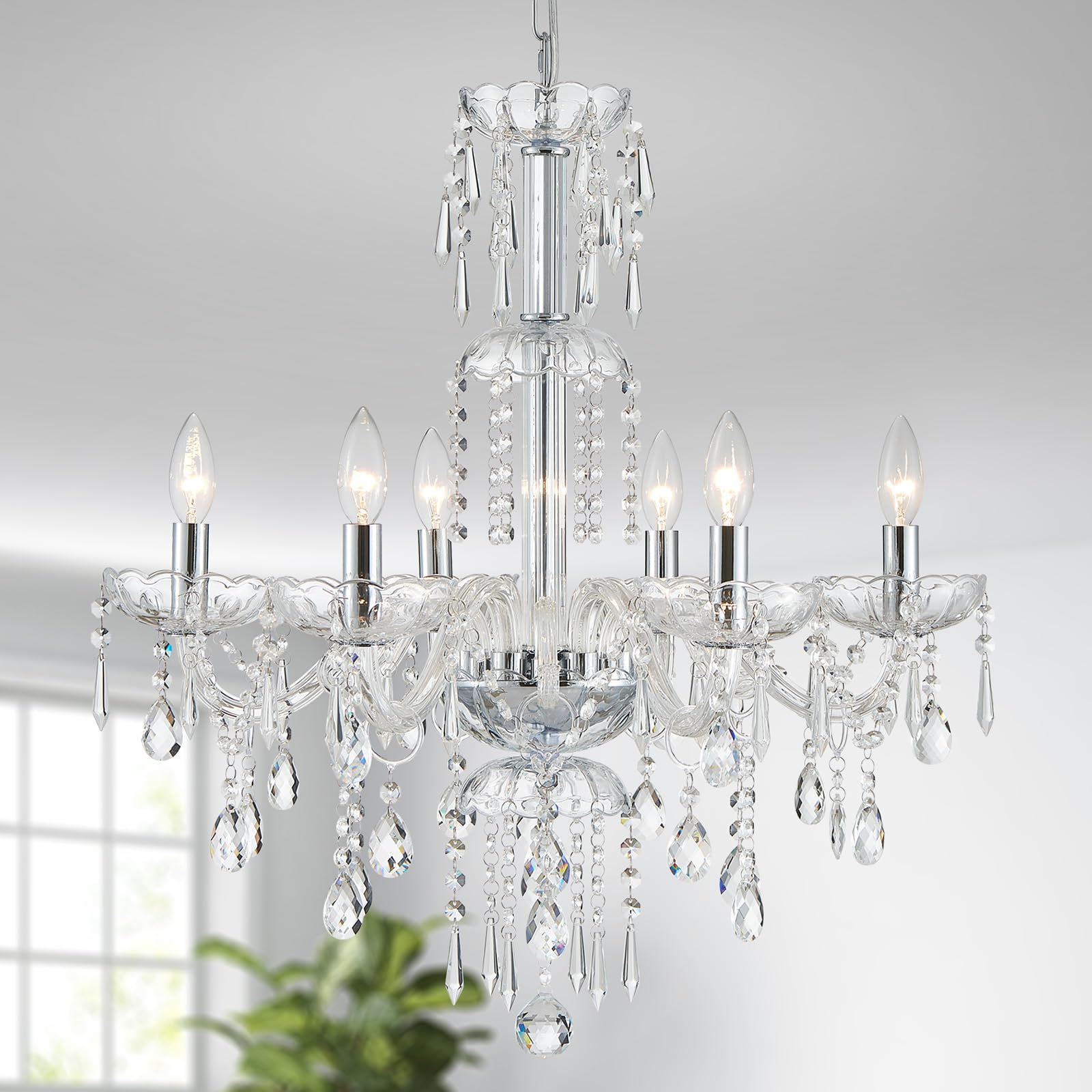 Wuzups 6-Light Crystal Candle Chandelier Pendant Ceiling Light Modern Lighting Fixture For Bedroom Hallway Bar Kitchen Bathroom  H 25.6 W 24.4  E12 Base  Chrome