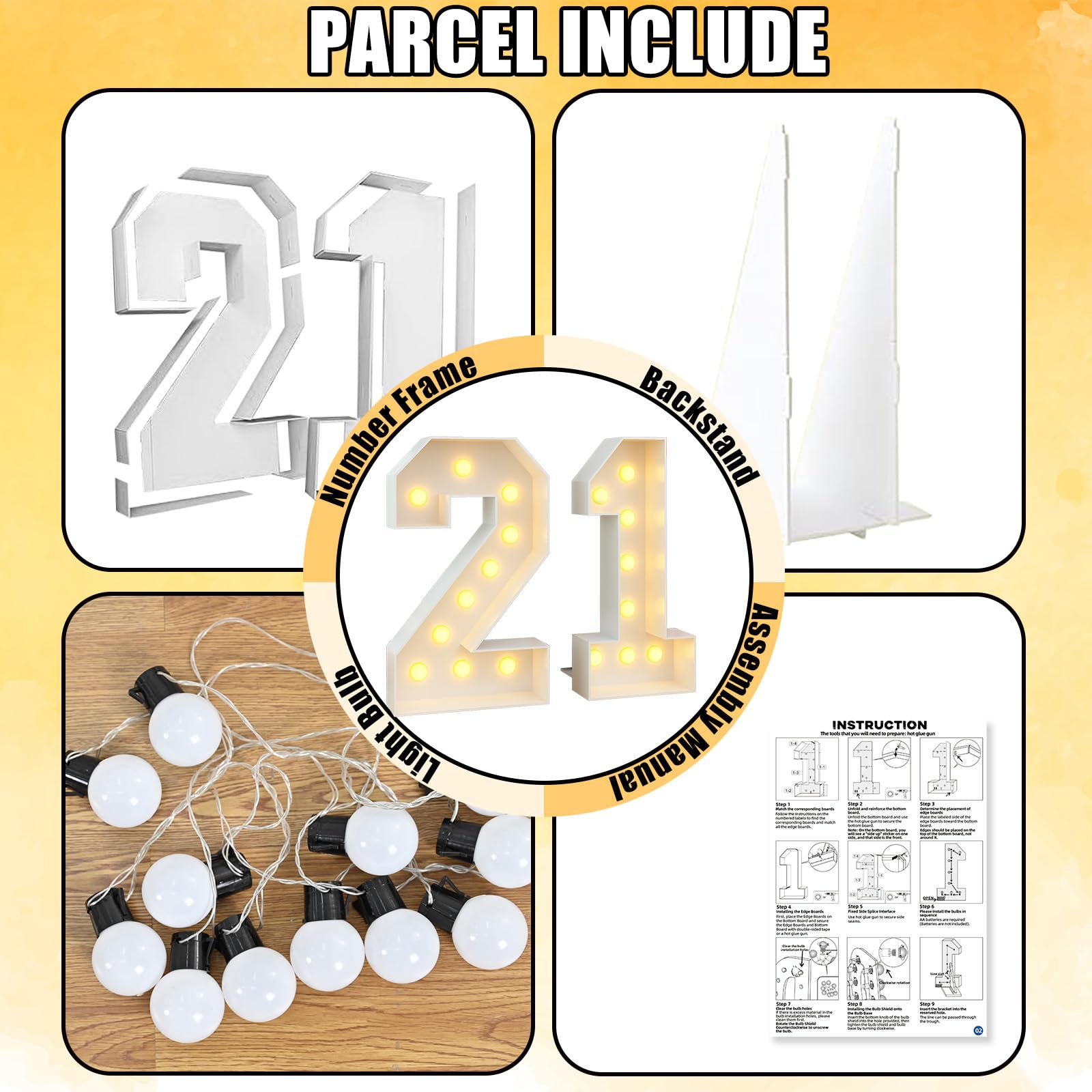 Paeyeq Light Up Numbers 21 Large Marquee Sign, White, Plastic, Model Light-Num21-white, Birthday Party Decor