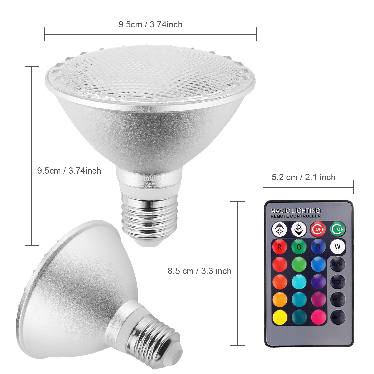 Familite 30W Par30 Rgb Led Flood Light Outdoor, Dimmable Color Changing Led Bulbs With Remote Control, Waterproof Lawn Lamp For Home Courtyard Christmas Party Decoration (2Pcs)