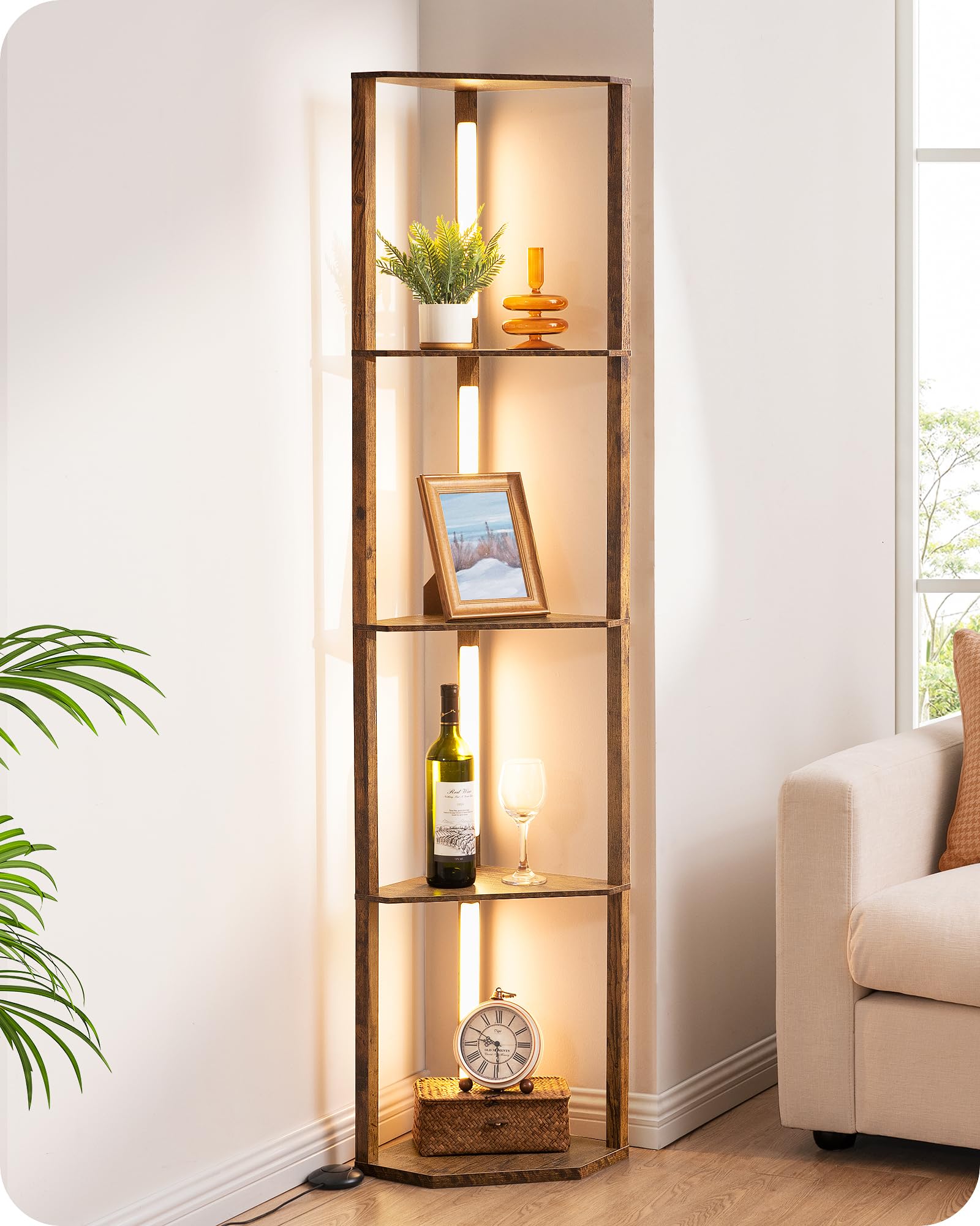 EDISHINE 64in Corner Shelf Floor Lamp, Modern LED Light, 3CCT Stepless Dimmable, Burlywood, Model HFLHA1A