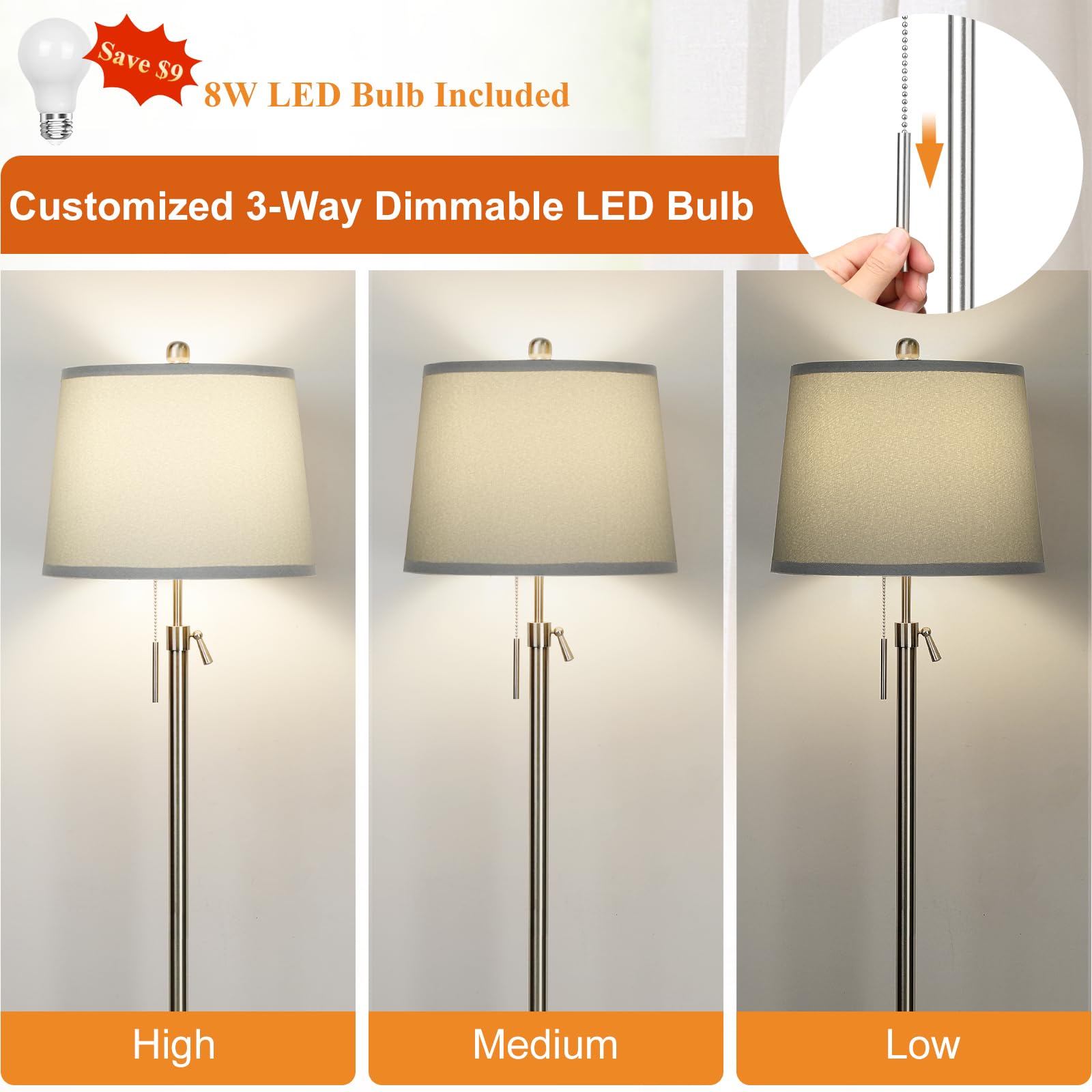 Junnai Floor Lamp For Living Room,Adjustable Height Standing Lamp,Dimmable Modern Floor Lamps For Bedroom Office Tall Floor Lights With Pull Chain Bulb Included-Silver Gray Shade