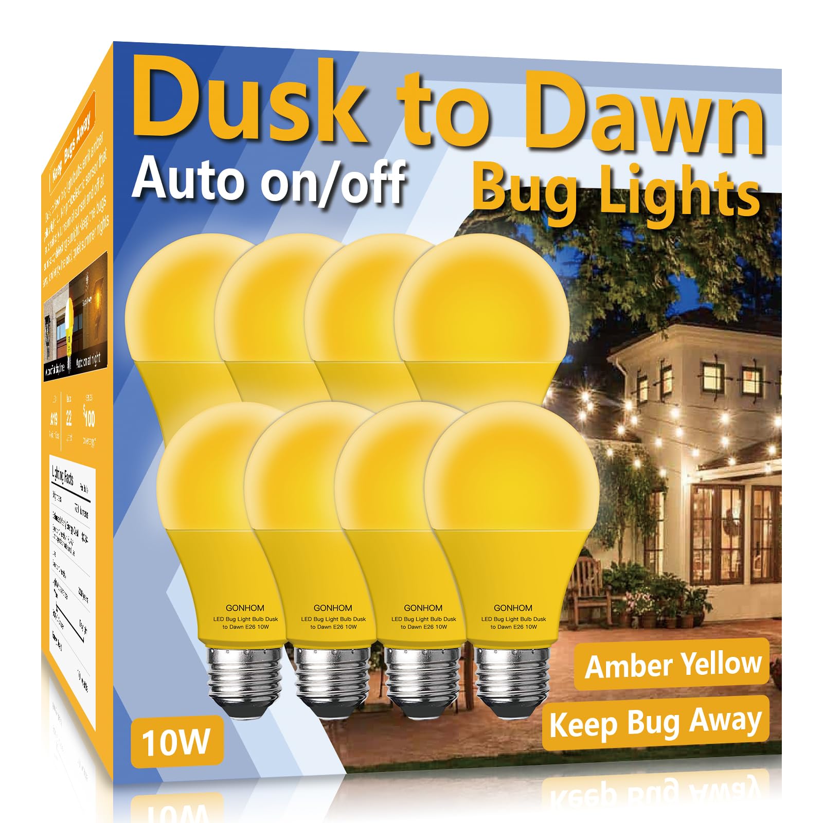 Gonhom Dusk To Dawn Bug Light Bulb Outdoor,8 Pack Amber Bug Light Bulb,Auto On/Off,10W(100W Equivalent),E26 Base,Bug Lights For 