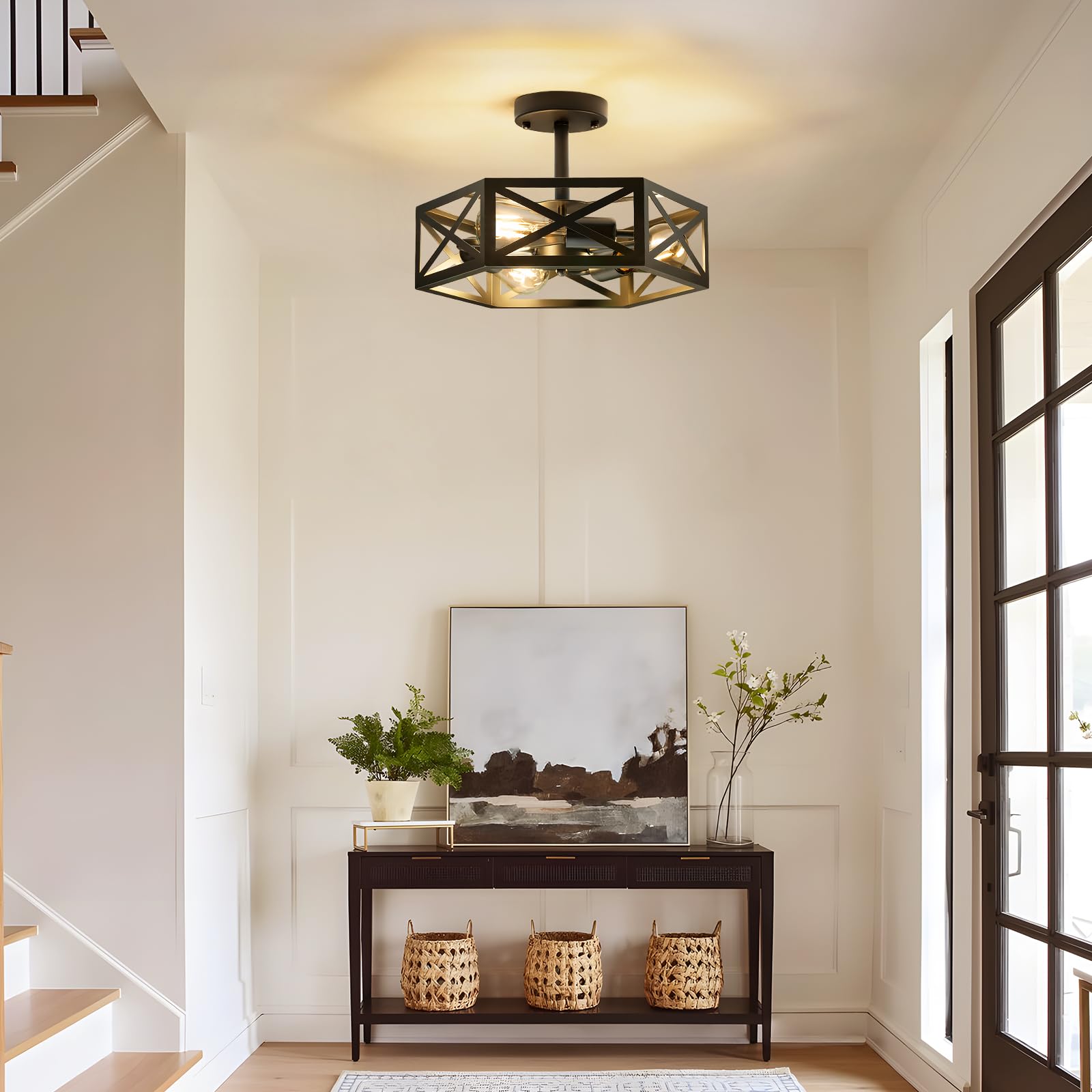 Oteedo Modern Semi Flush Mount Ceiling Light 3-Light Hexagon Flush Mount Ceiling Lights For Dining Room Light Fixture Farmhouse Black Metal Kitchen Island Lighting Fixtures For Hallway Bathroom