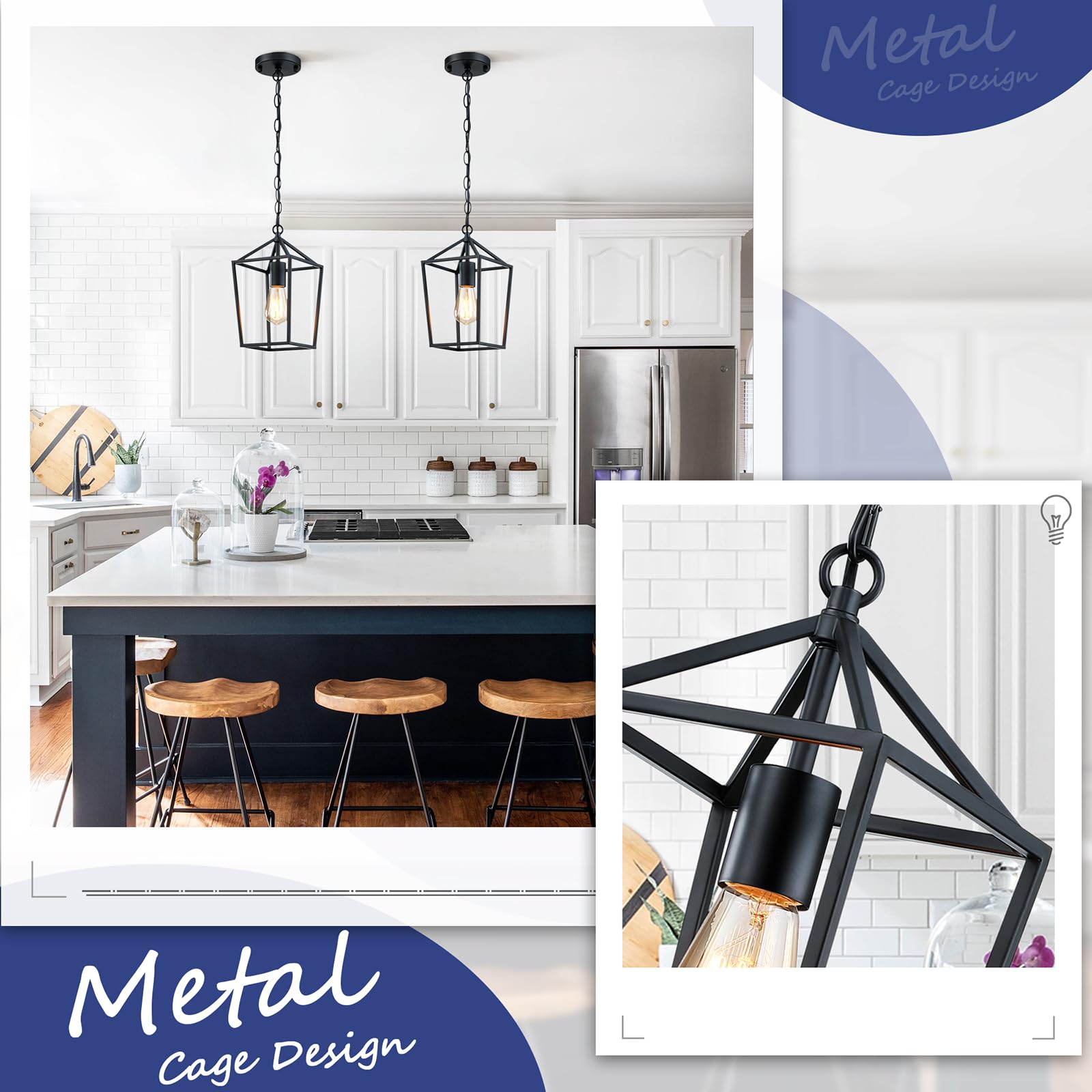 Sheetea 2-Pack Farmhouse Pendant Lights Kitchen Island, Black Pendant Light Fixtures Hanging Lamp For Kitchen, Modern Kitchen Pendant Lighting Over Island, Metal Cage Design, Sloped Ceiling Adaptable
