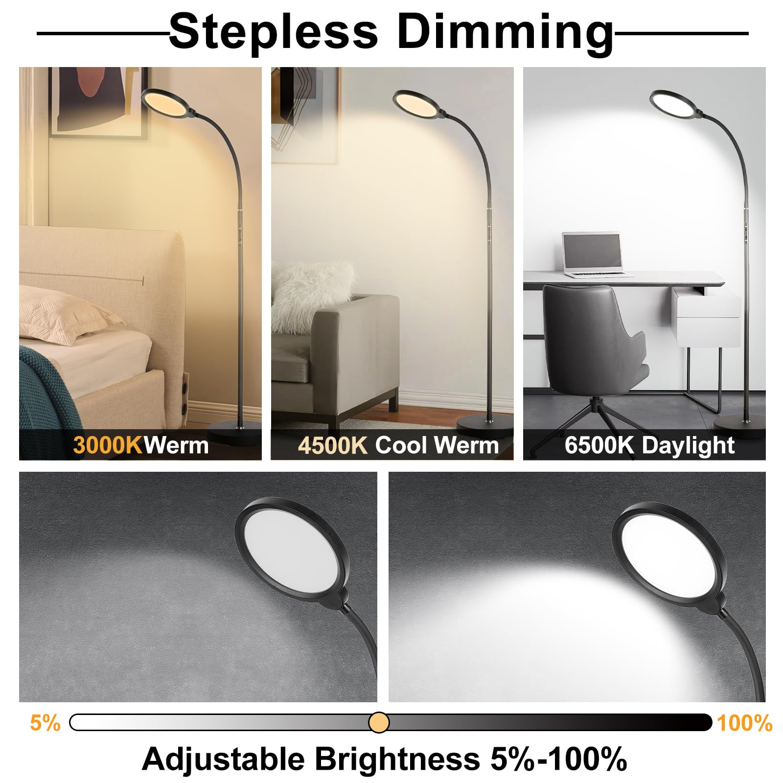 homakee LED Floor Lamp, Adjustable Gooseneck, 3 Color Temperatures, Iron, Black, Model HMK-B1-B