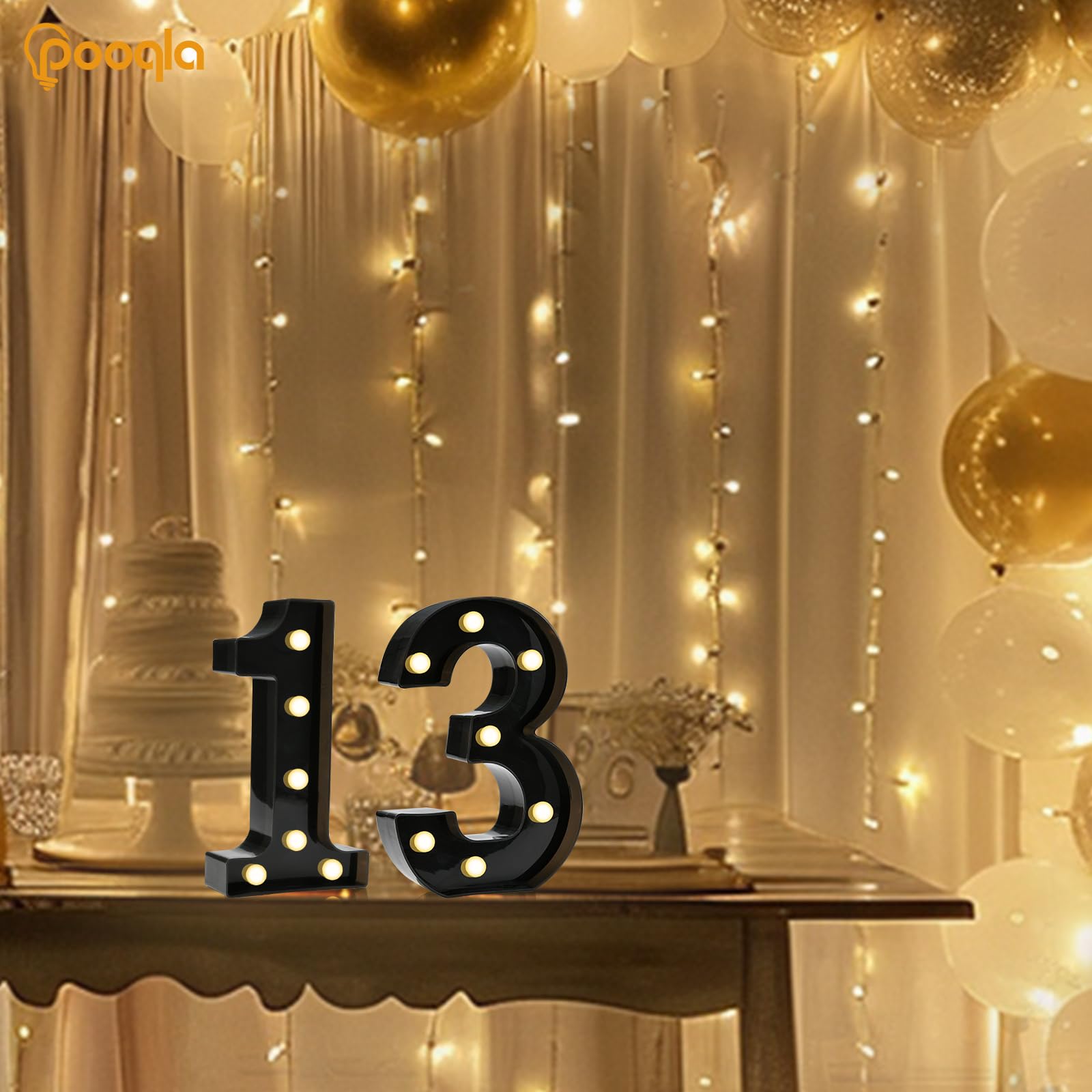Pooqla Decorative Led Light Up Number Letters, Black Plastic Marquee Number Lights Sign For 13Th Birthday Party Wedding Decor Battery Operated Black Number 13