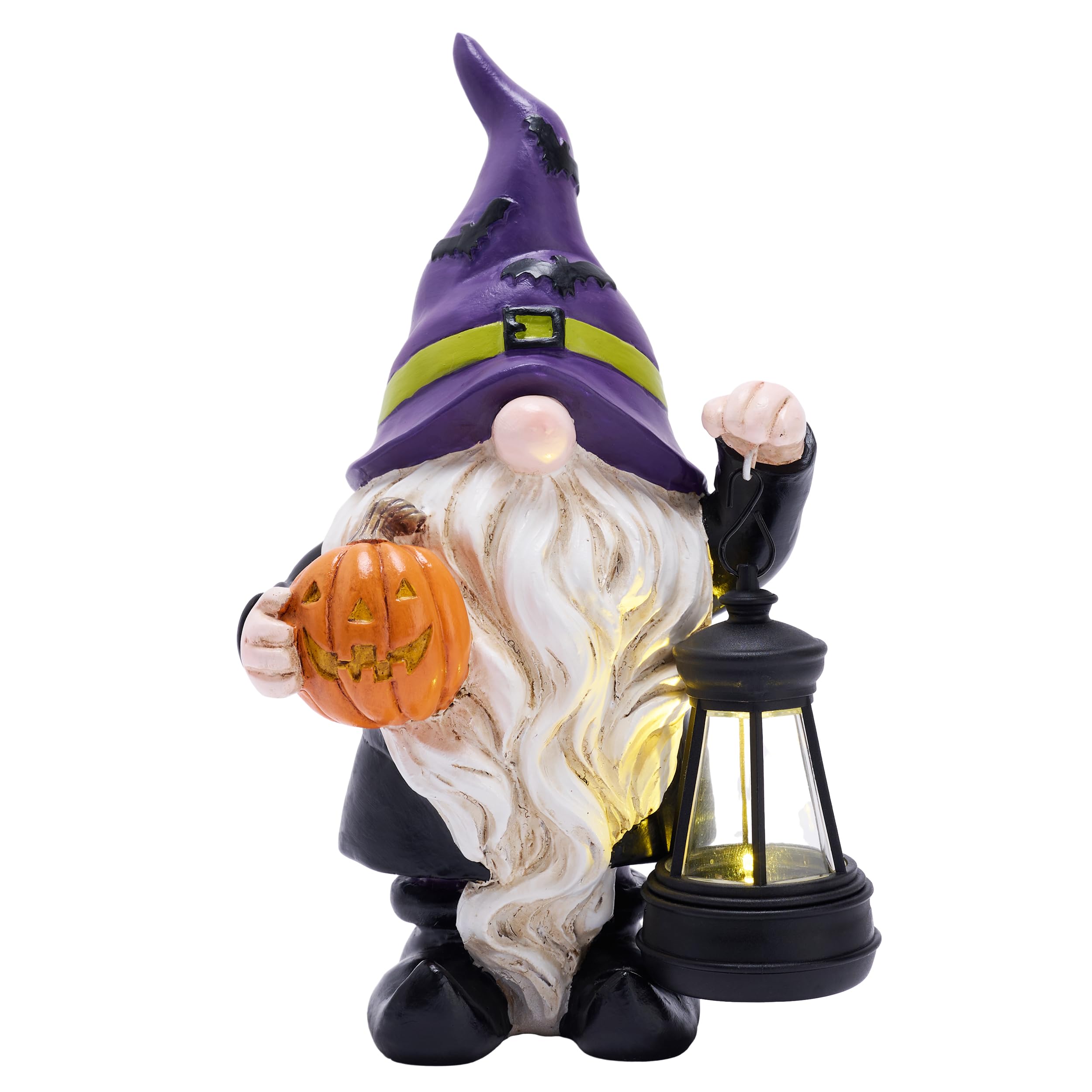 TeresaS Collections Halloween Decorations Garden Gnomes Statues With Solar Lights Cute Purple Bat Hat Resin Decor With Lantern For Home Table Outdoor Yard Pumpkin Jack-O-Lanterns Gifts For Party 8