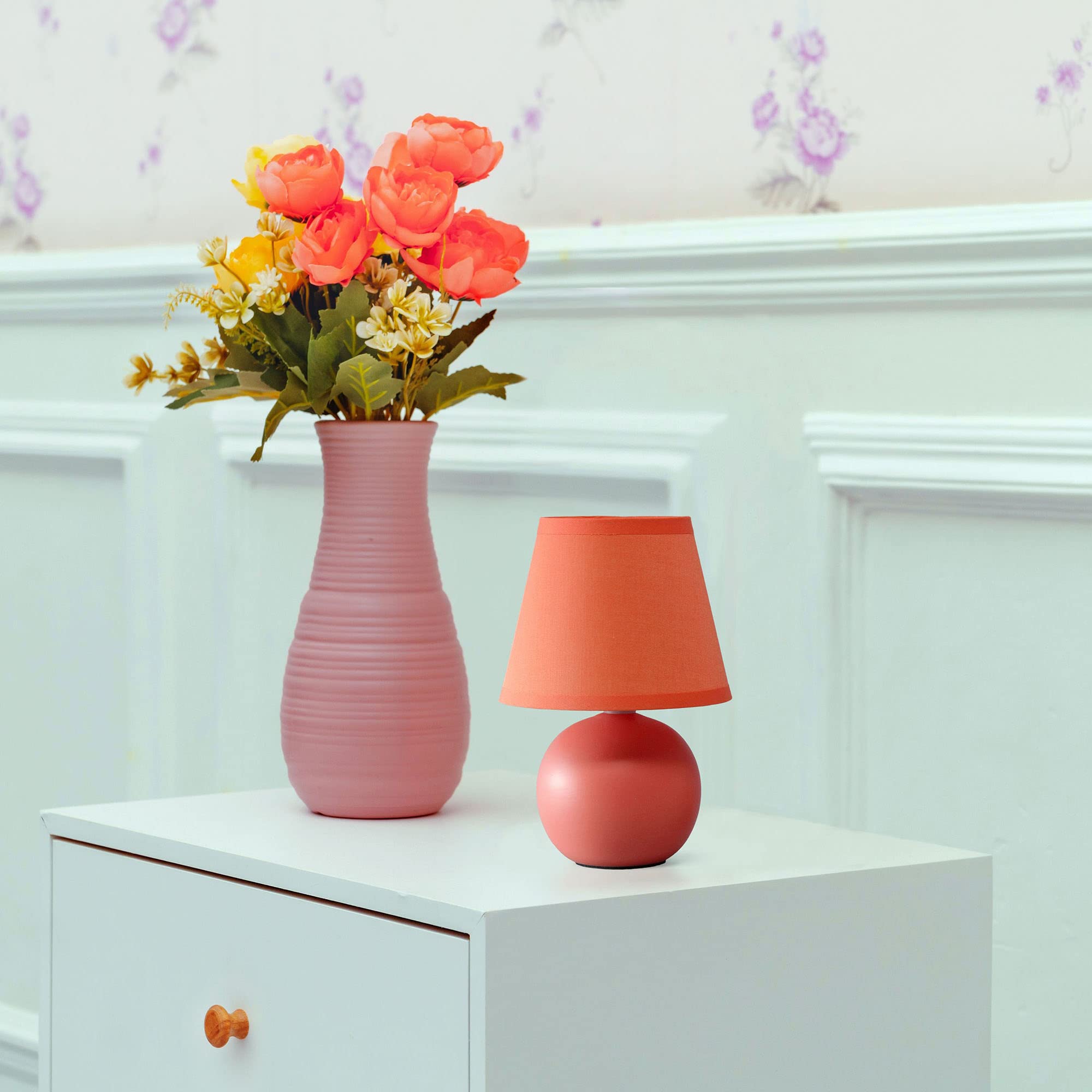 Creekwood Home Orange Ceramic Table Lamp, 8.66&quot; Petite Bedside Light With Drum Shade