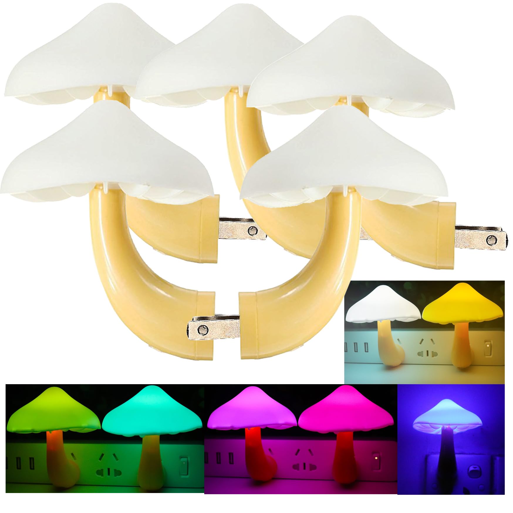 AUSAYE 5Pack Sensor LED Night Light Plug in Lamp 7 Color Changing Mushroom Light Cute Night Lights for Adults Kids NightLight Be