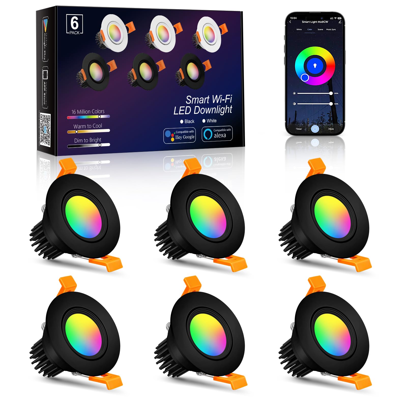 Smart WiFi 2 Inch Black LED Downlight  5W 120V RGBCW Recessed Light  Dimmable COB 2700K-5000K  Compatible with Alexa/Google  LED Can Lights with Driver  6 Pack