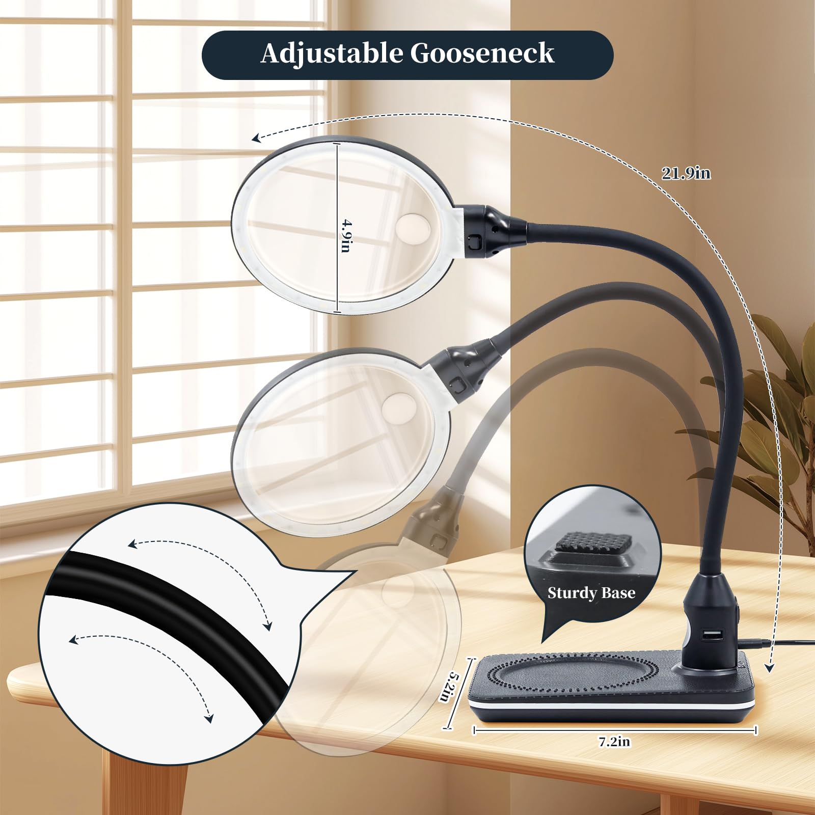 15X Magnifying Glass With Light And Stand, 4.9 Inch 2-In-1 Magnifying Lamp With Clamp, 3 Color Modes Dimmable, Flexible Goosenec