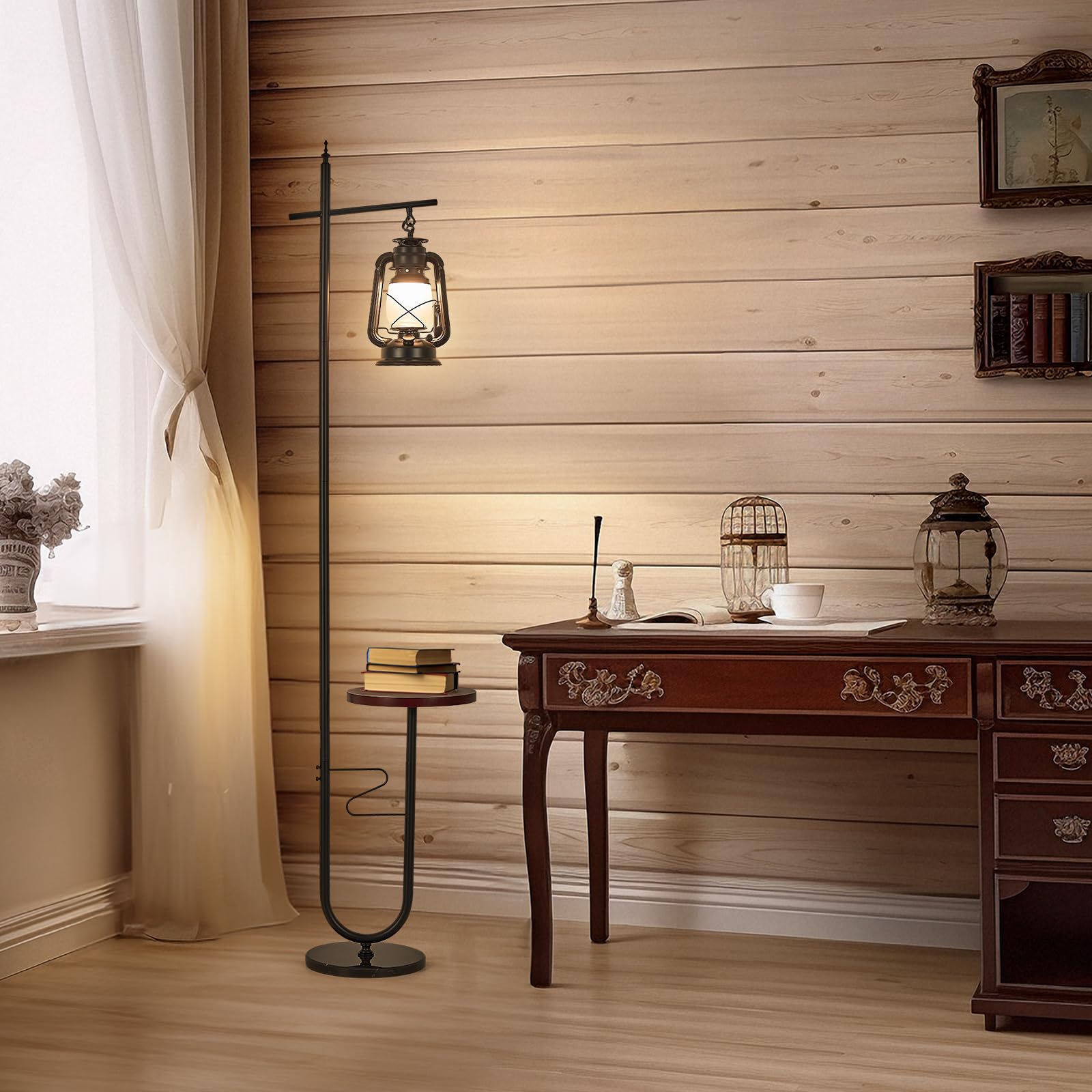 Workluurop Vintage Rustic Tall Pole Lamp With Silk Fabric Shade,Led Bulb For Living Room Bedroom Office