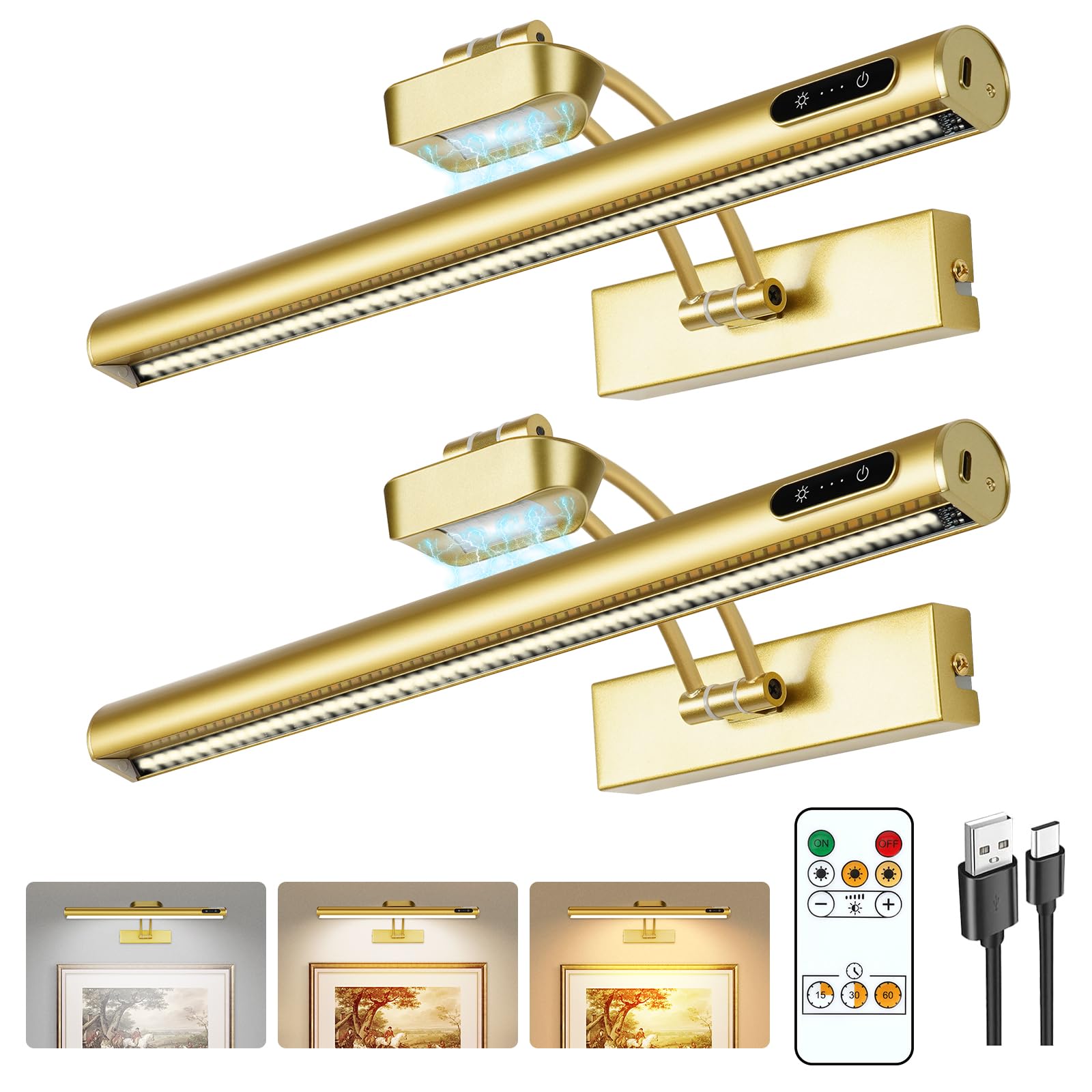 VARICART Magnetic Wireless Picture Light, 16in Metal, Rechargeable, Dimmable, Remote/Touch/Timer, Gold 2Pack, Model 26c0db37-f444