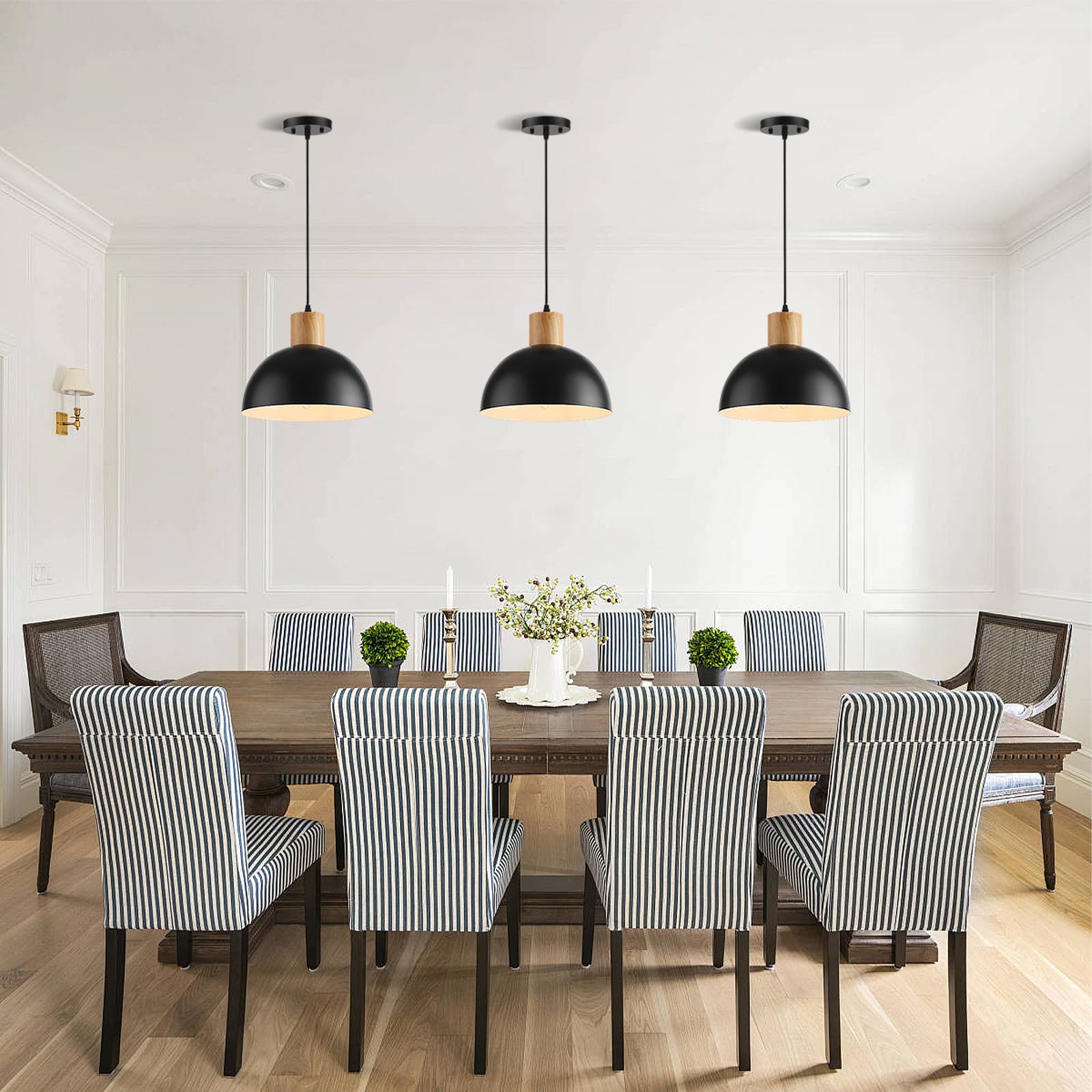 Qianzhan Solid Wood Pendant Light 3 Pack, Modern Matte Black Pendant Lights Fixtures Adjustable Dome Hanging Lighting,For Kitche
