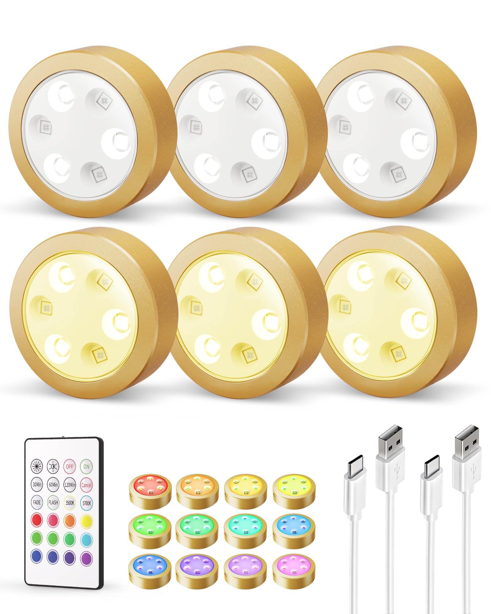 EZVALO Puck Lights with Remote, RGB Wireless Tap Light, 6 Pcs, Gold, Model LT-01