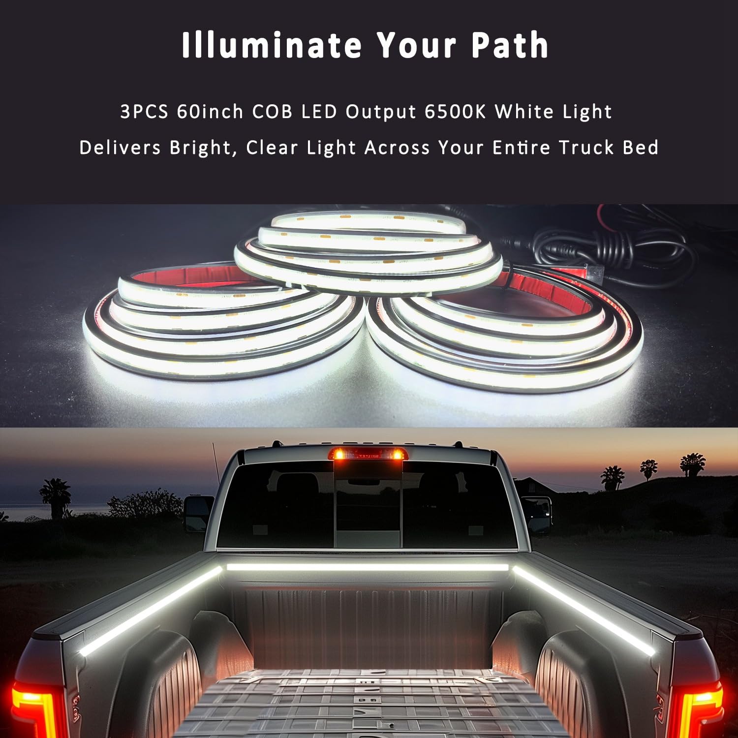 Autuneer Led Truck Bed Lights  3Pcs 60Inch 12V 6500K White Cob Waterproof Lights Strip With Switch cutting edge Fuse Splitter  Cool Accessories For Pickup Truck Camper Van Suv Rv Boat