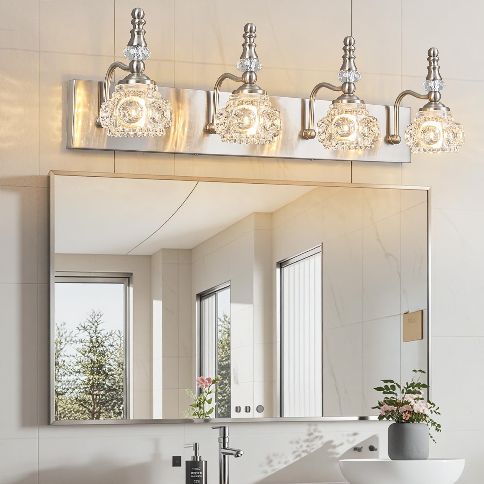 Lbsqj Modern Glass Crystal Vanity Light - Vintage Bathroom Lighting Fixtures Over Mirror  4 Light Vanity Lights G9 Bulb (27.55 Inch  Nickel)