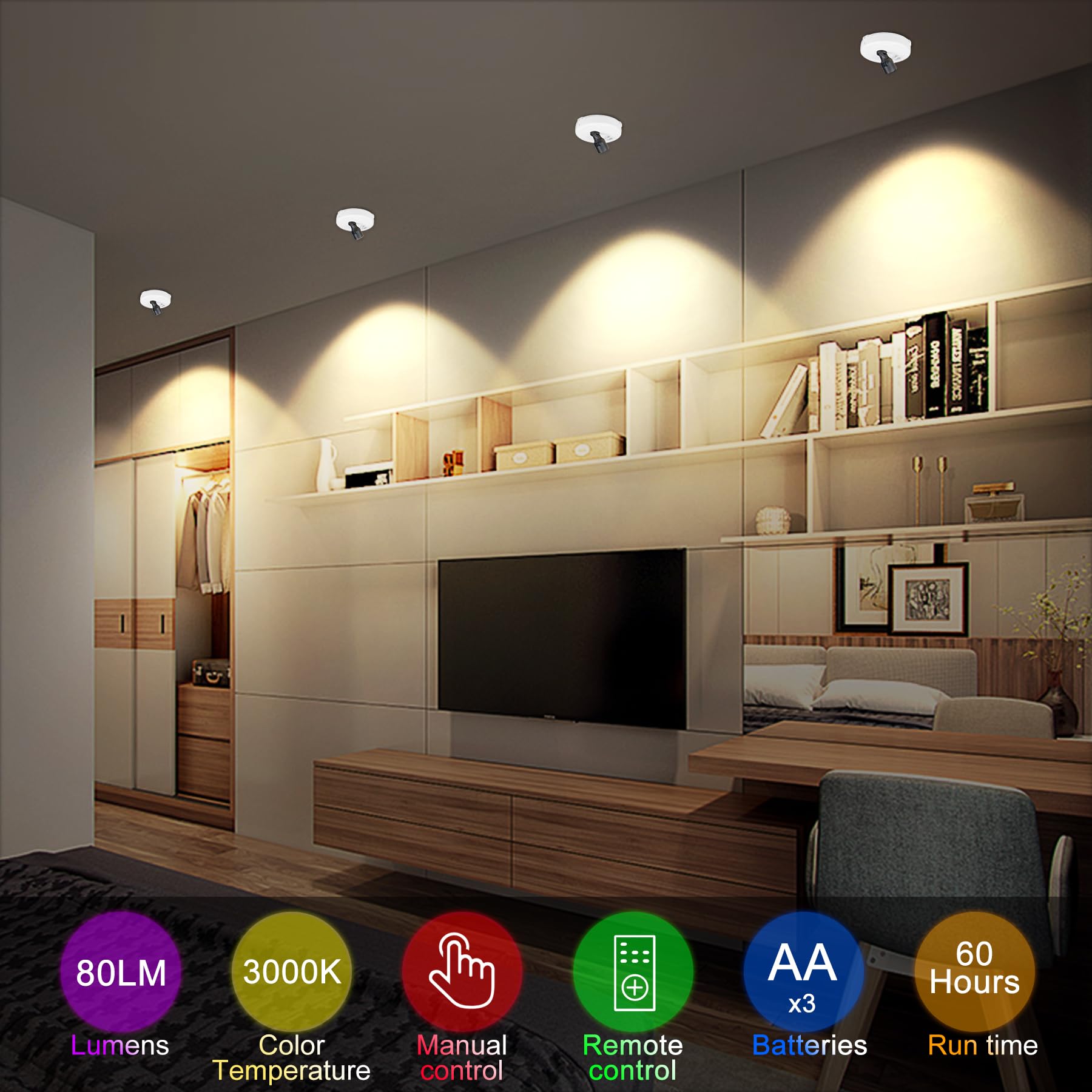 Heageero Wireless Spot Lights,Remote Control Accent Lighting,Battery Picture Lights,Stick Puck Light,Rotatable Display Spotlight