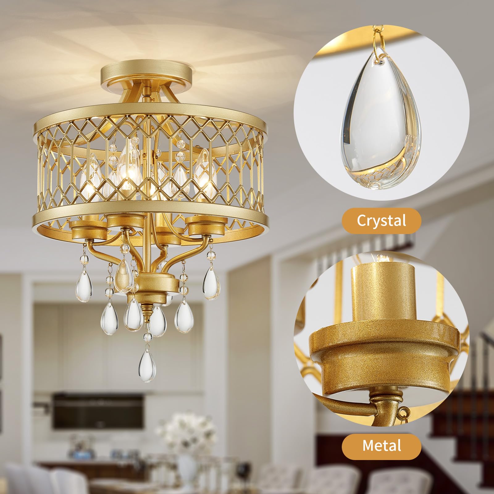Crystal Ceiling Light Fixture  Farmhouse Semi Flush Mount Ceiling Light  Gold Crystal Chandeliers For Dining Room Light Fixture  Hallway Lighting Fixtures For Kitchen Bedroom Bathroom Foyer Entryway