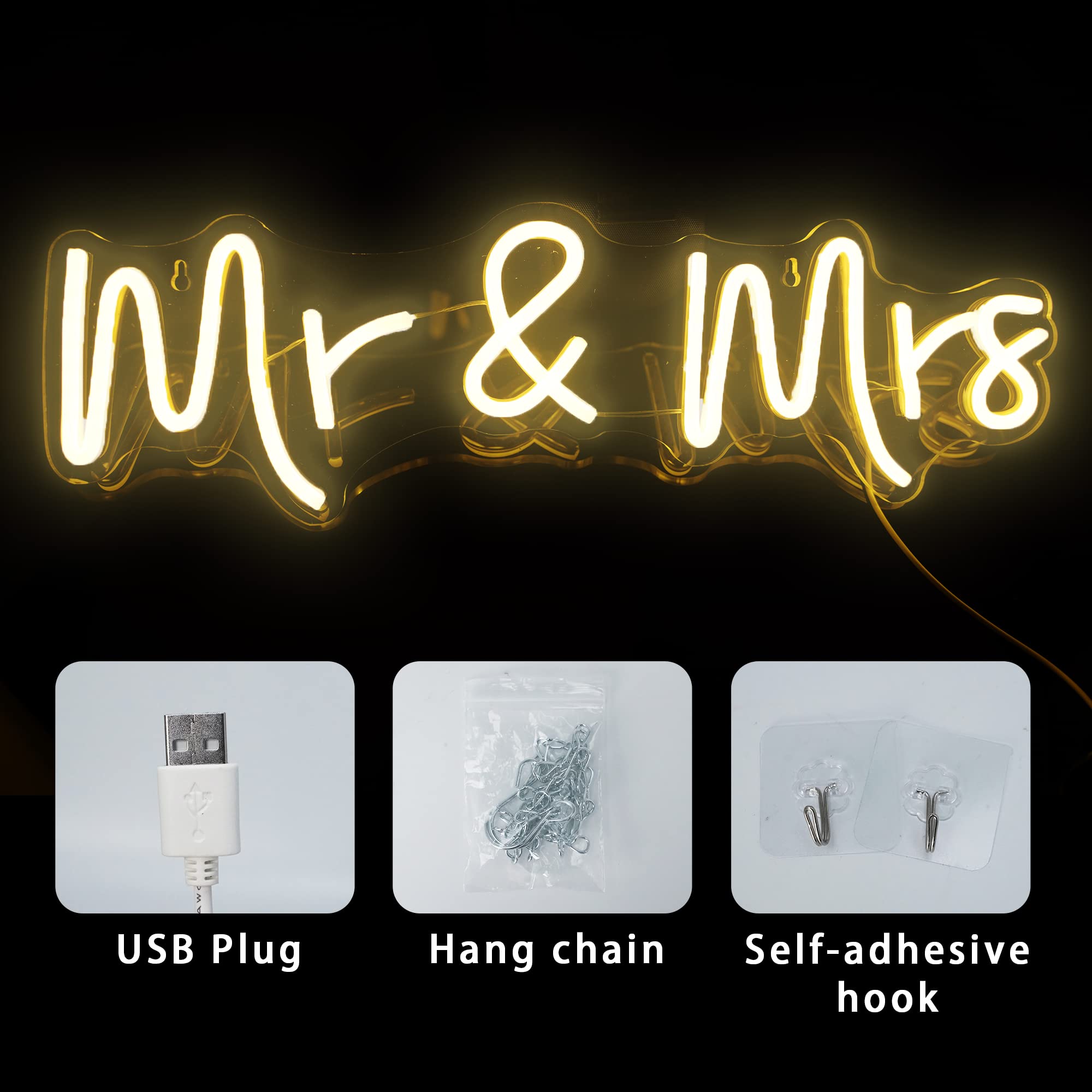 Aslanka LED Mr & Mrs Neon Sign for Wedding Decor, 19.6x5.5in, Warm White Acrylic