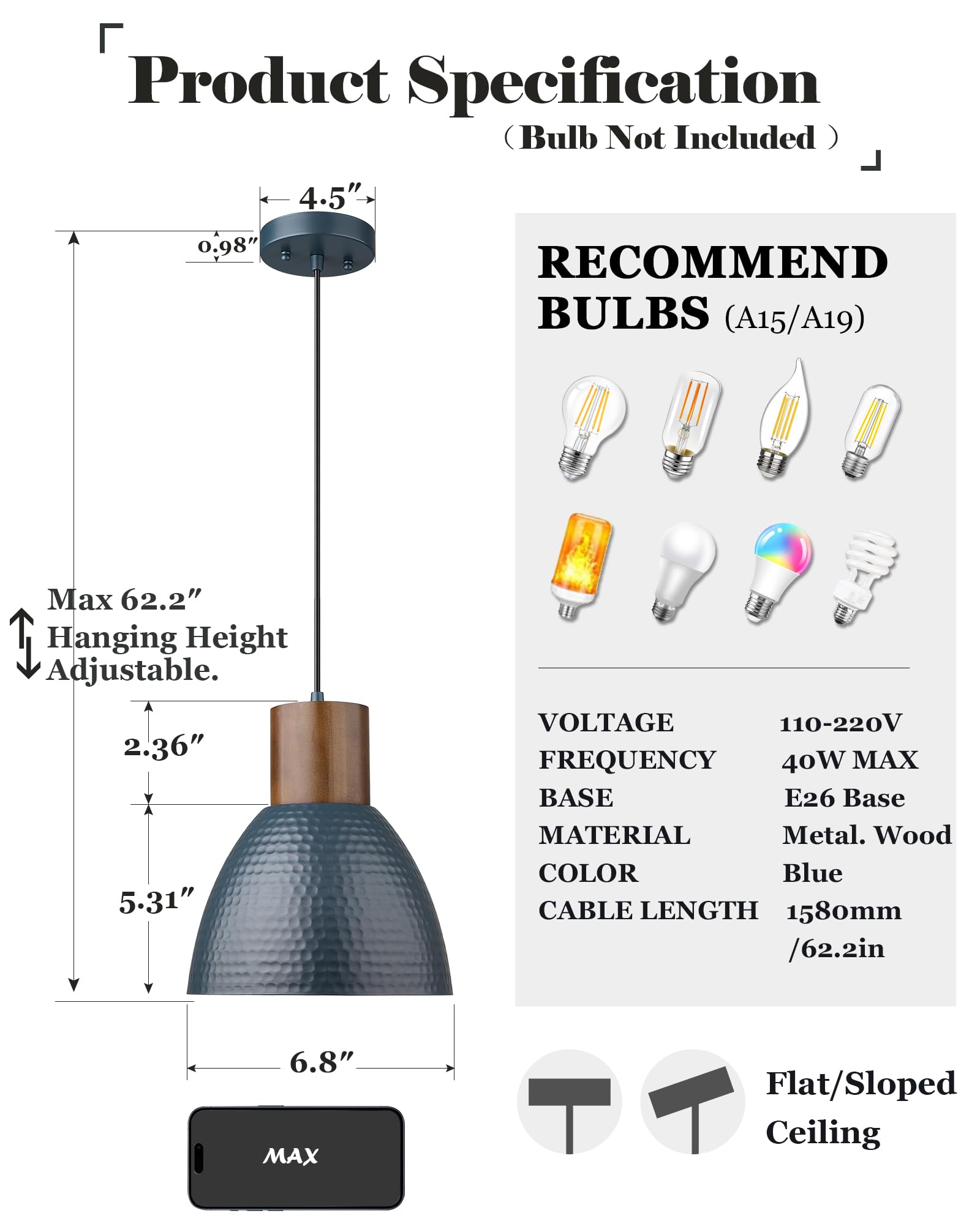 Elyona 3 Pack Adjustable Pendant Lights, Blue Hammered Metal & Wood, Modern Industrial Style