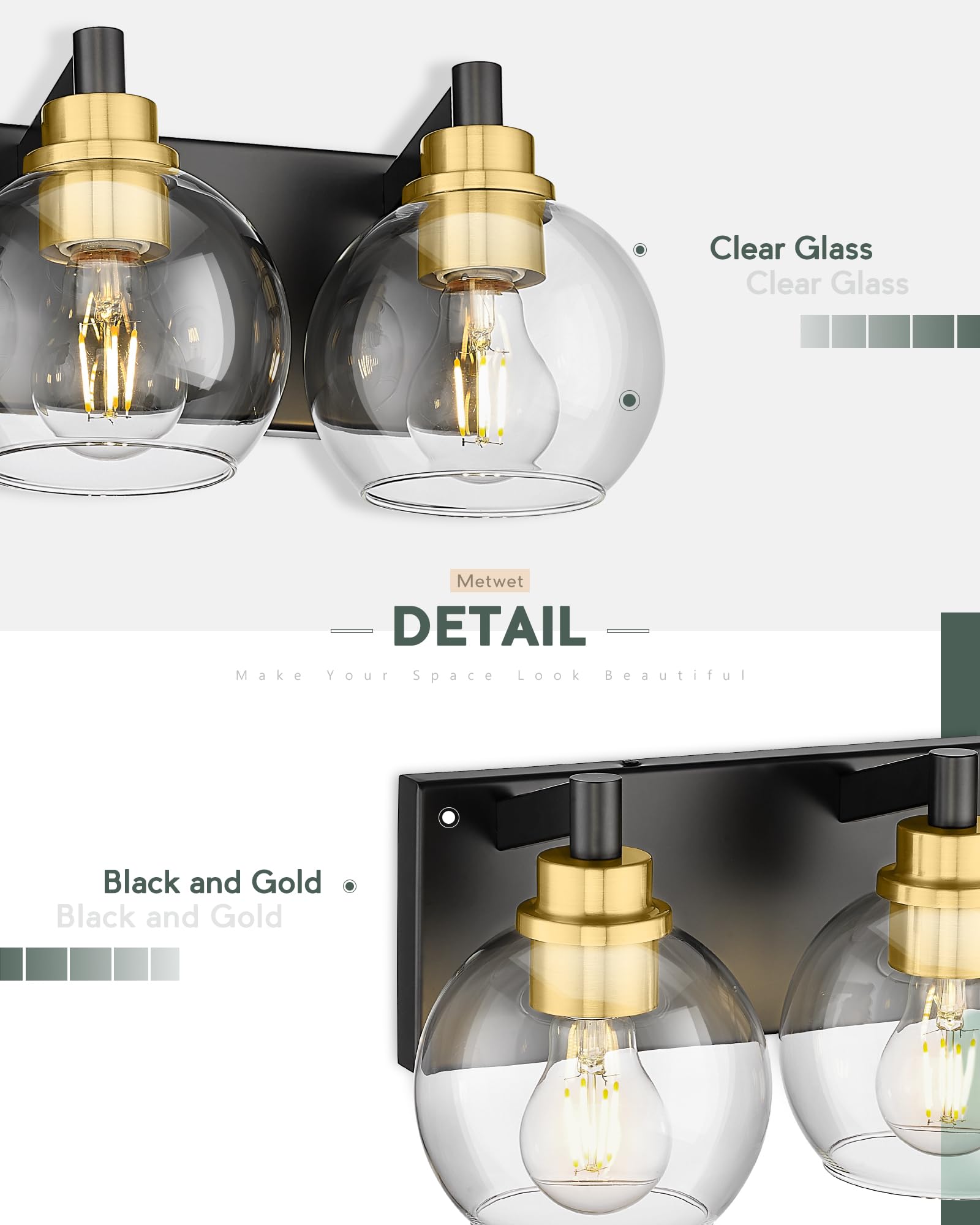 Metwet Bathroom Light Fixtures, 5-Light Black And Gold Bathroom Vanity Light, 32 Inch Modern Wall Sconces With Globe Clear Glass