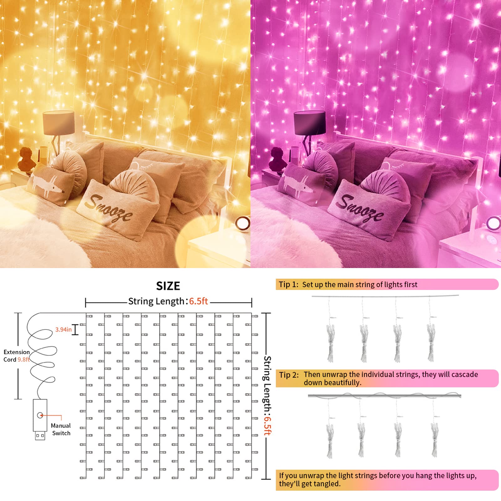 suddus Color Changing Curtain Lights, 200 LED, 6.5ft x 6.5ft, Warm White & Fuchsia, USB, Plastic Fairy Lights for Bedroom, Wedding, Party