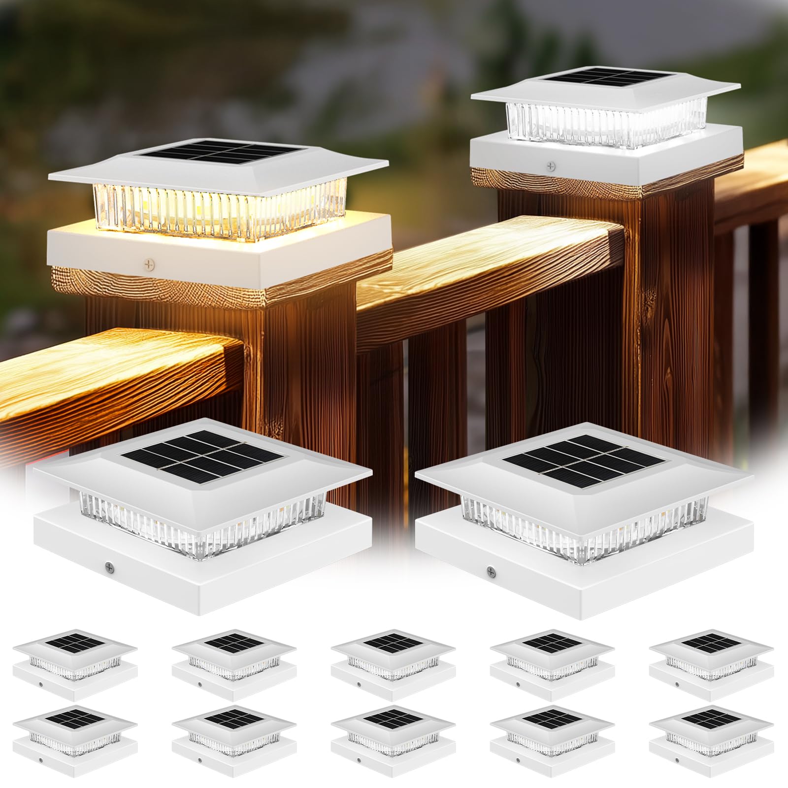 4x4 Solar Post Cap Lights 12 Pack  Fence Post Solar Lights with Warm White/Cool White  Only Fit 4x4 Wood/Vinyl Posts  Waterproof Outdoor Deck Post Light for Deck  Fence  Porch(White)