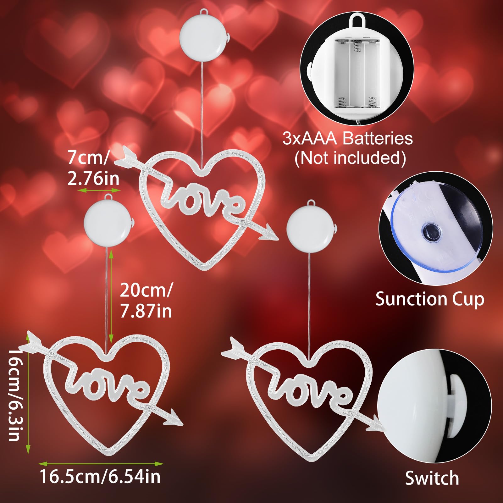 Valentine Day Window Lights,3Pcs Valentines Decorations Heart Lights With Suction Cup,Timer,Battery Operated Indoor String Lights For Home Wedding Anniversary(Red)