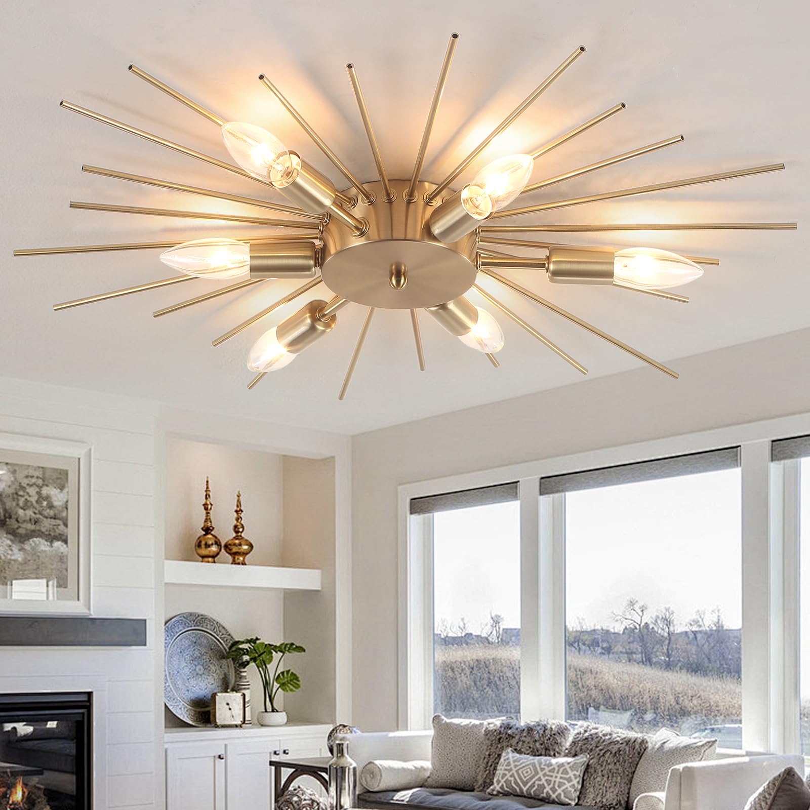 Jaycomey 6-Lights Sputnik Light Fixture Flush Mount Gold Ceiling Lights Modern Firework Metal Ceiling Lighting Chandelier Ceilin
