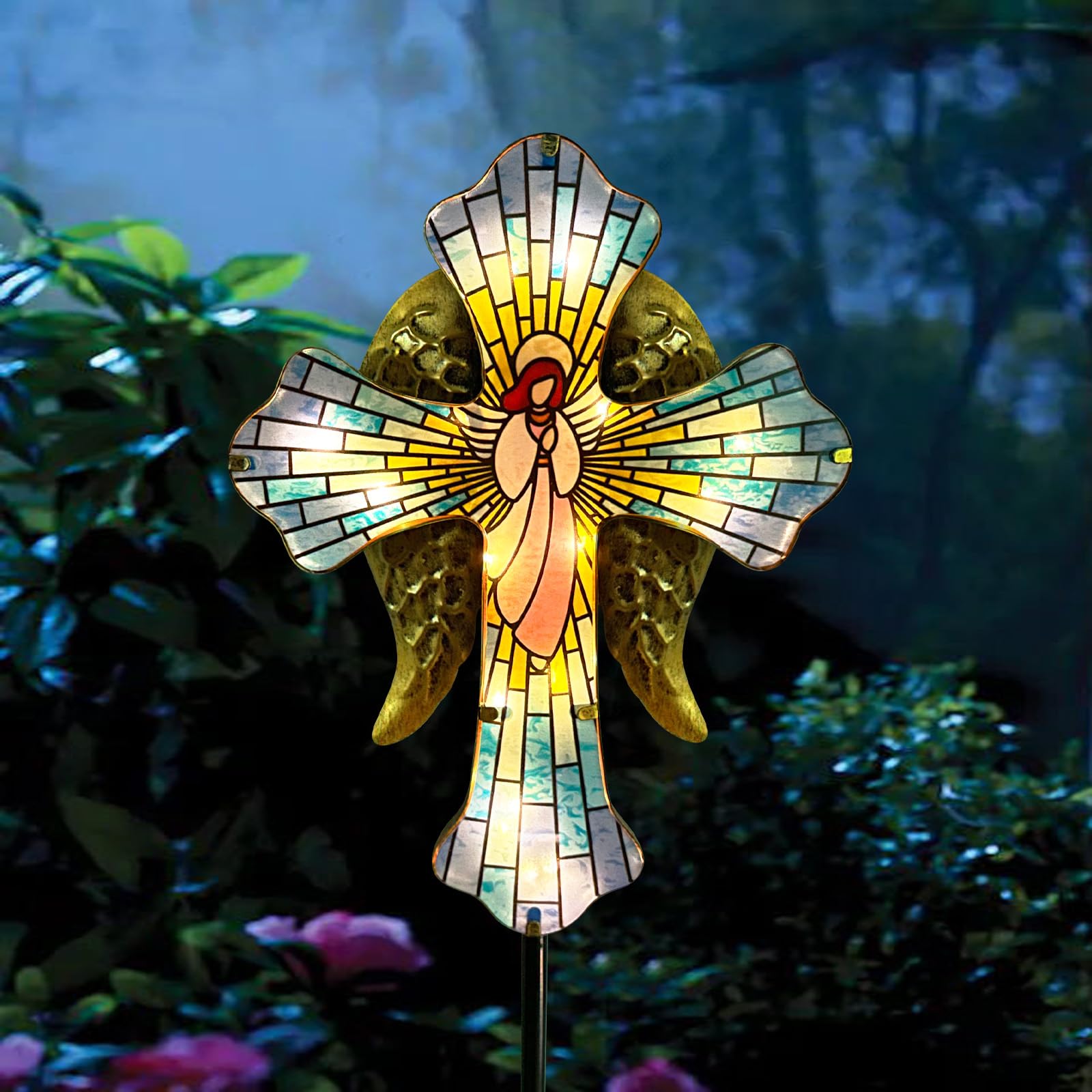 WAIU Solar Cross Garden Stake Lights, Angel Wings Waterproof Solar Outdoor Lights for Garden Yard Cemetery Decor, Memorial Cross