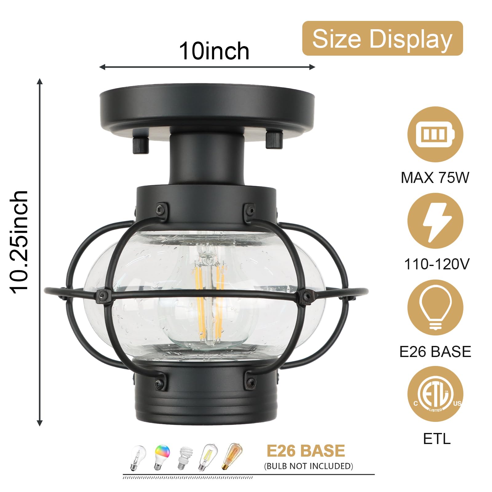Kalium Hallway Light Fixtures, Industrial Ceiling Light Fixture With Glass Globe Shade, E26 Standard Base Farmhouse Ceiling Light For Hallway Entryway And Foyer