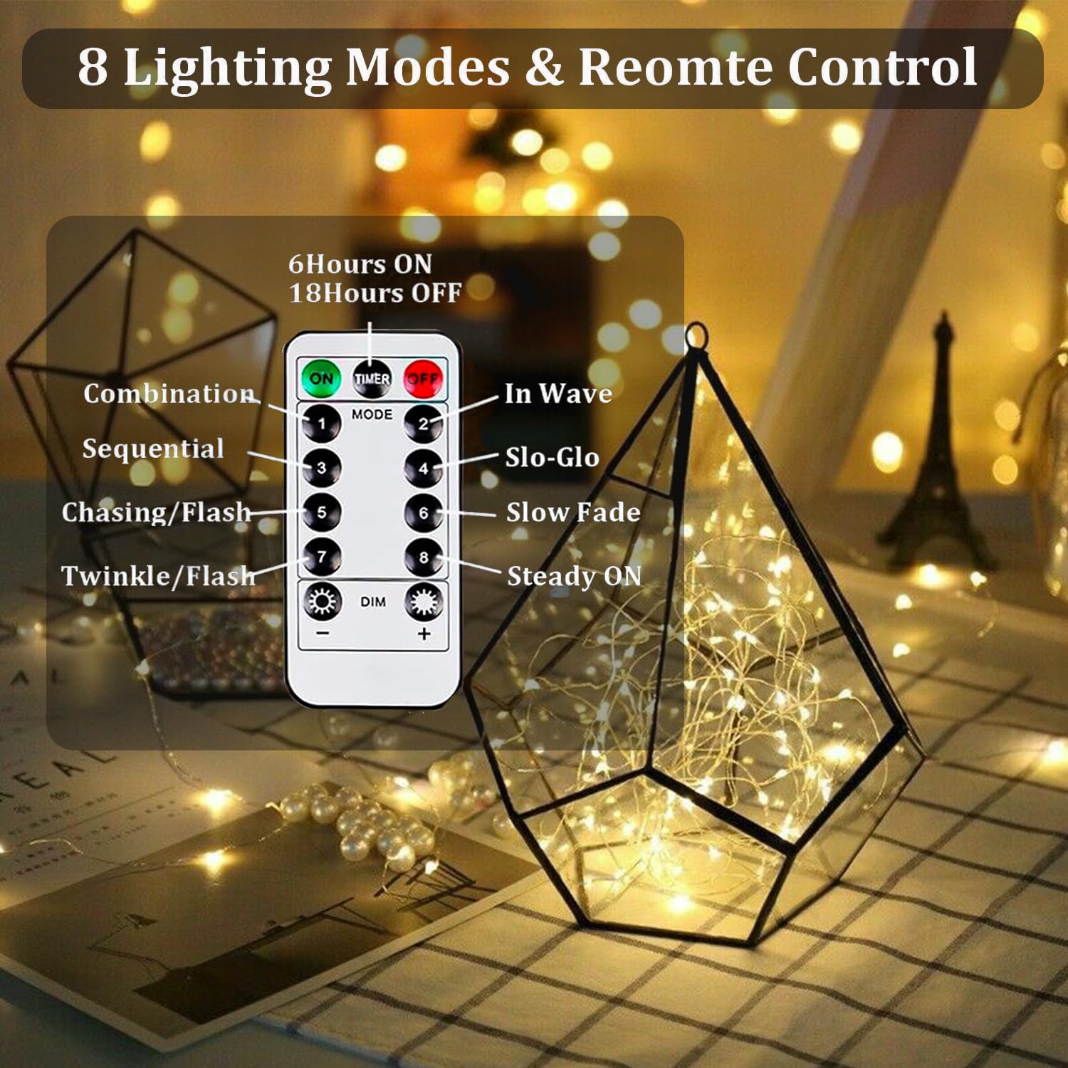 EXF 4-Pack Fairy Lights, 100 LED Battery Operated, Remote Control, Waterproof, 33FT, Warm White, Model YHY-BO50LED