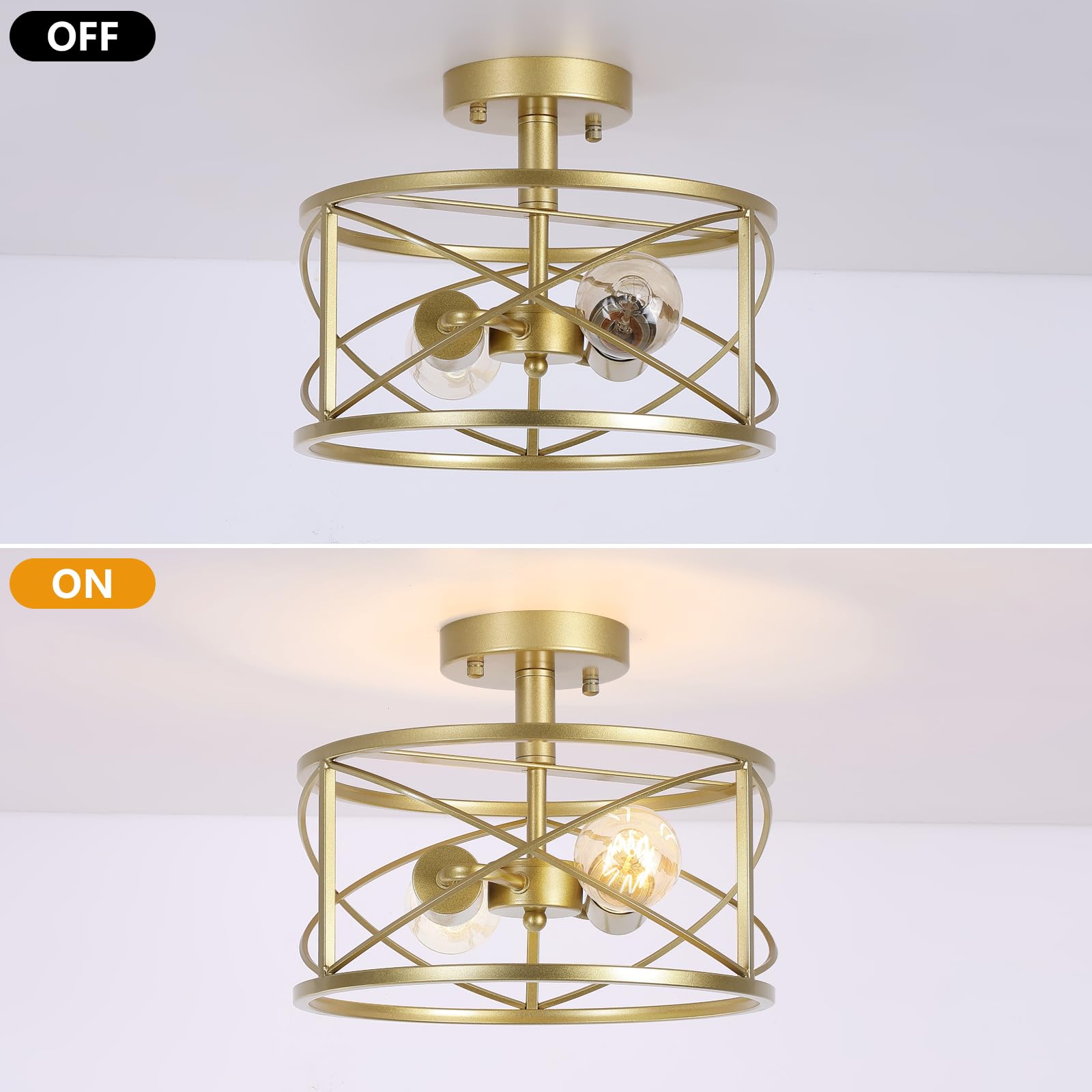 Weltrans Gold Semi Flush Ceiling Light, 2-Light Industrial Metal Cage Pendant For Home Decor