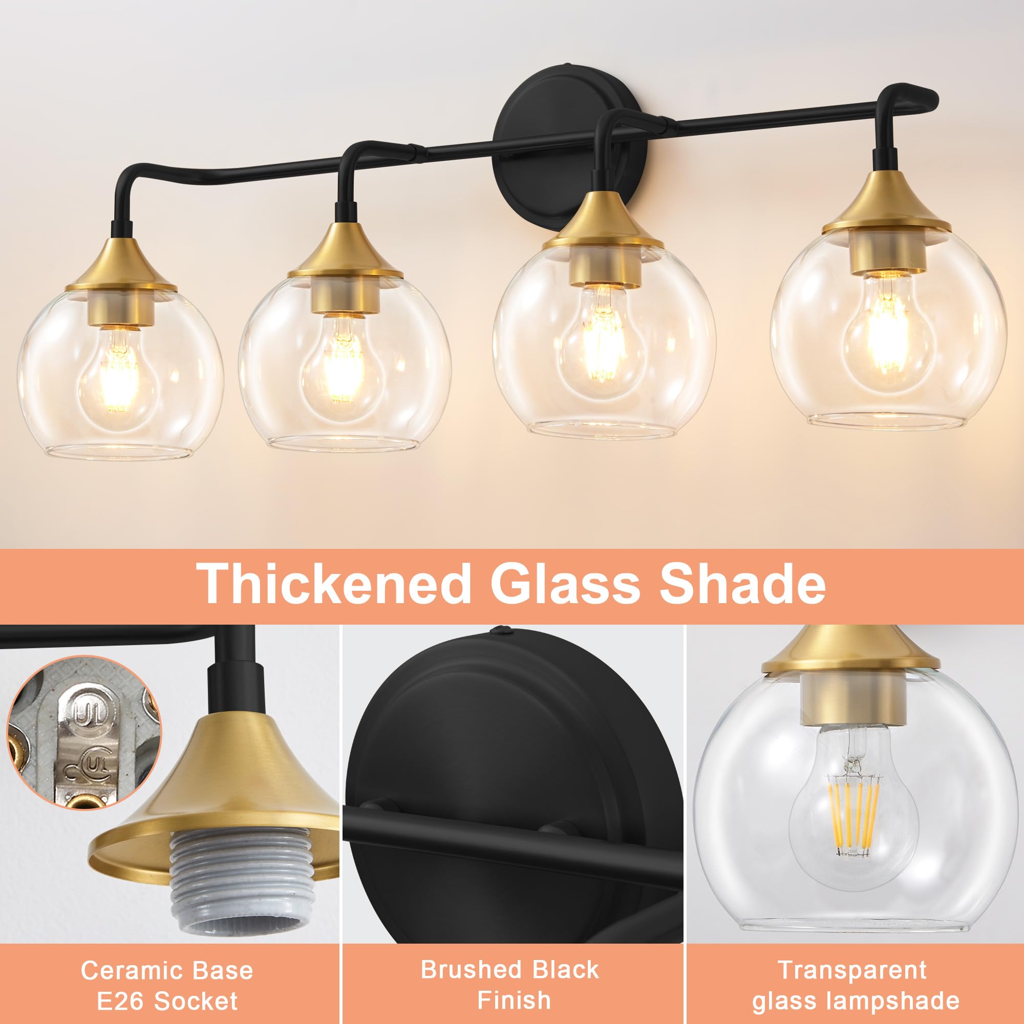 Gednbo Bathroom Vanity Light, 31 Inch, 4-Lights, Clear Glass Shade, E26 Base, Black and Gold, Model G1796