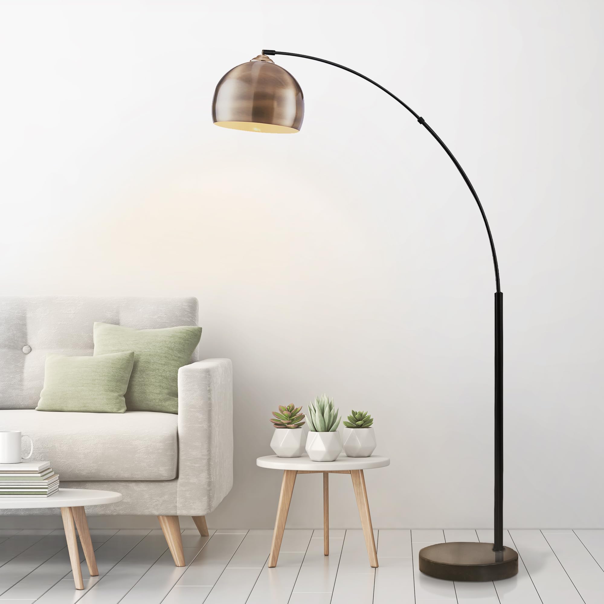 Teamson Home Arc Floor Lamp, 68.1in Metal, Antique Brass Shade, Black Marble Base, Model VN-L00010AB