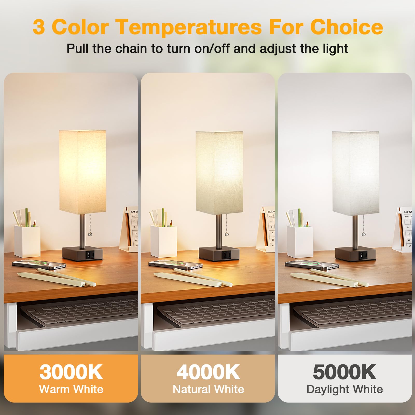 Aooshine Beige Small Table Lamp For Bedroom - 3 Color Temperature 3000K 5000K 4000K Bedside Lamp, Pull Chain Control, Usb A And