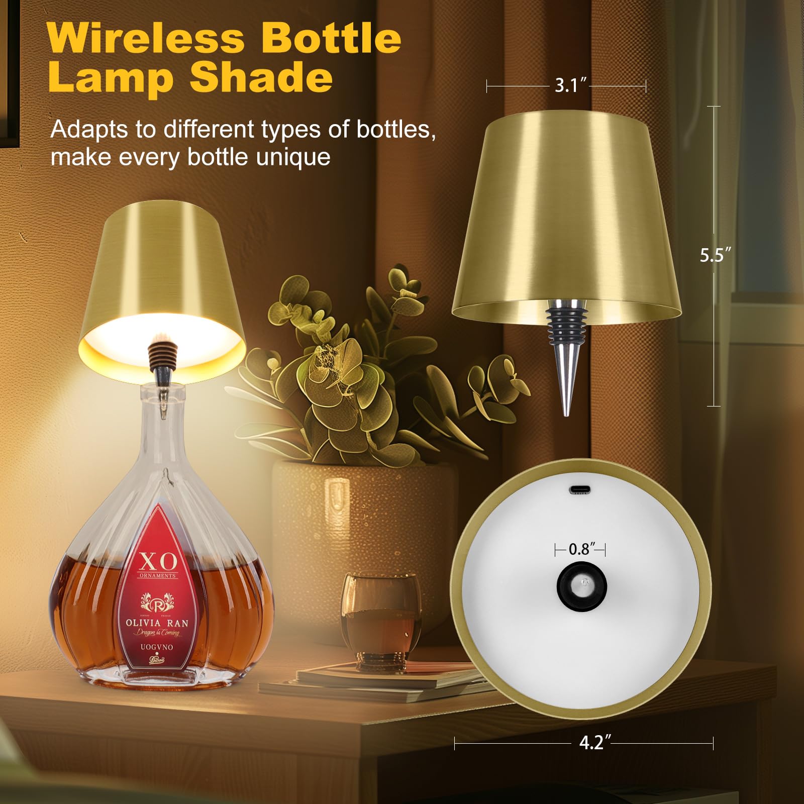 Soudfk Wireless Bottle Lamp, 2025 New 3 Color Rechargeable Wine Bottle Lights For Bars Restaurants (Electroplated Gold Color, 1P