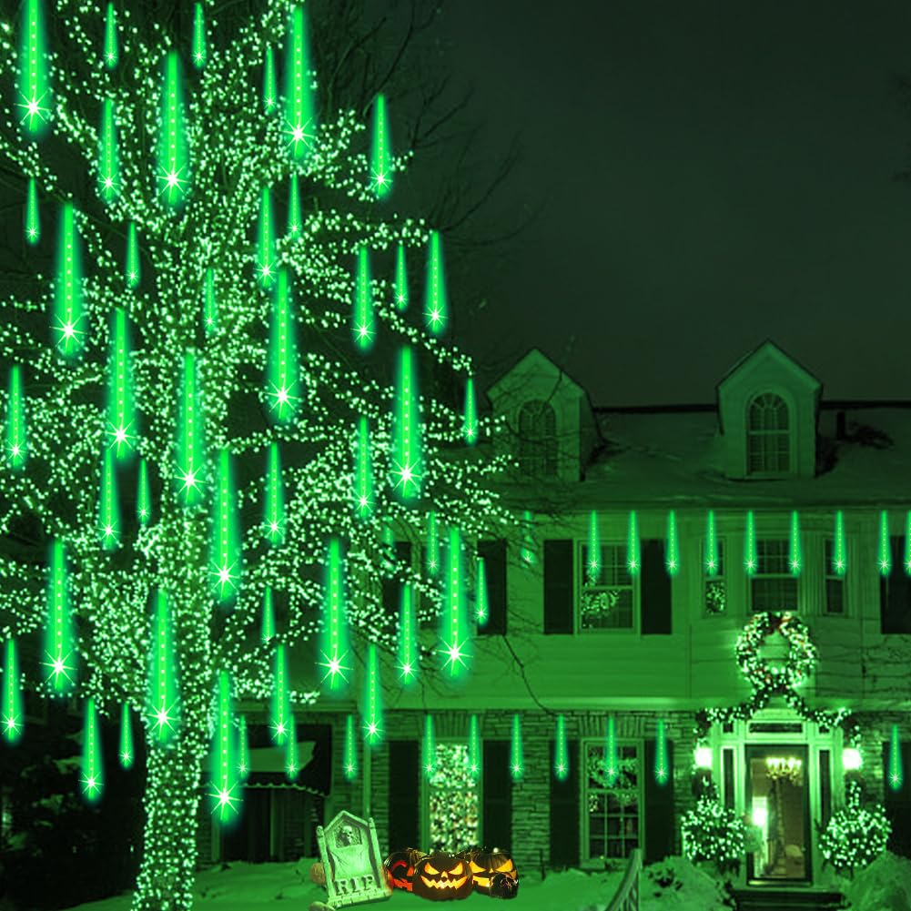 Weepong Meteor Shower Lights, 8 Tube, 192 LED, Outdoor Christmas Decor, 30CM, Green, Model WEP-FRL-GR