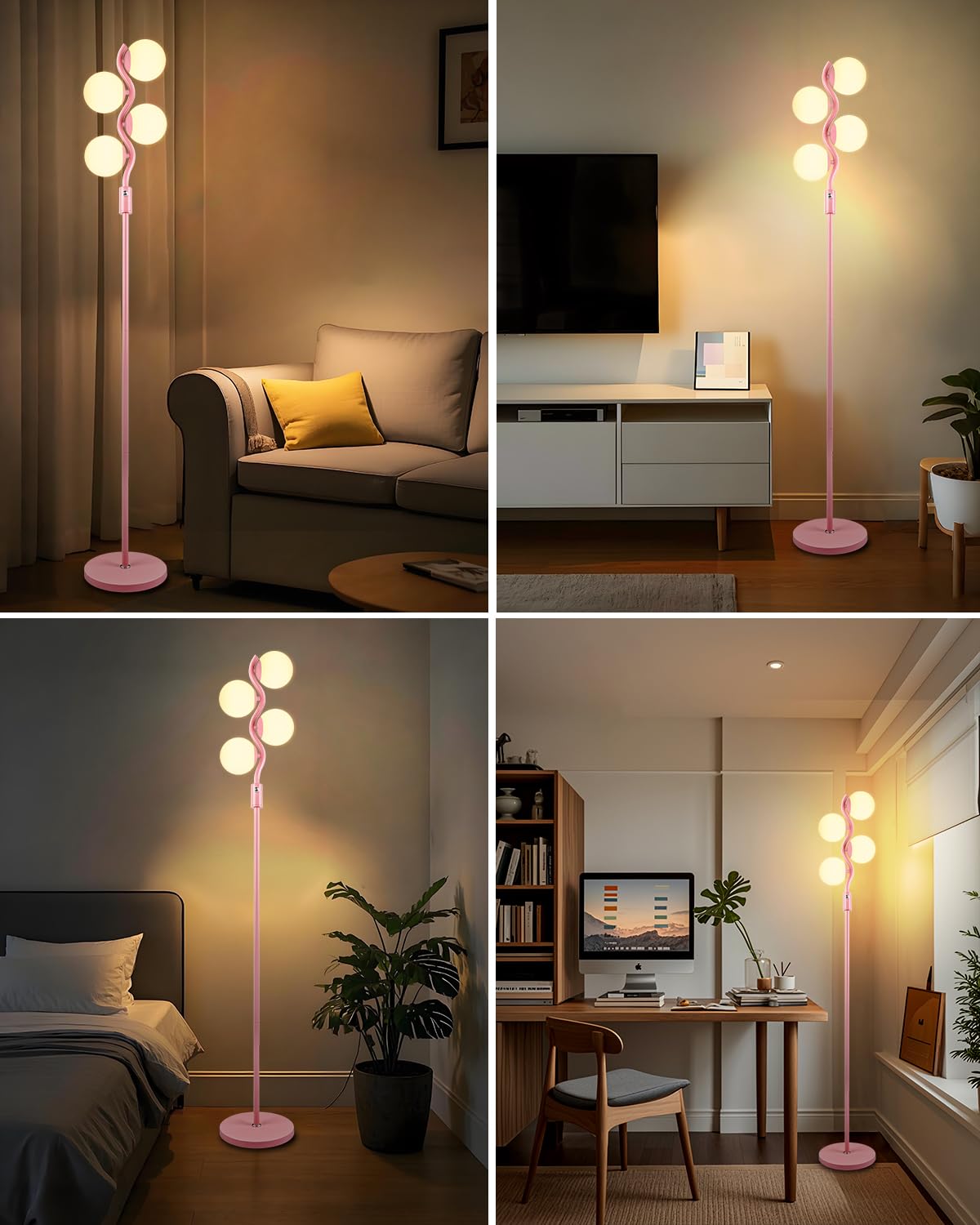Lightdot 64In Dimmable Globe Floor Lamp, Pink Standing Lamps With 4Pcs 3000K G9 Bulbs Soft Warm White Eye Care, Mid Century Mode